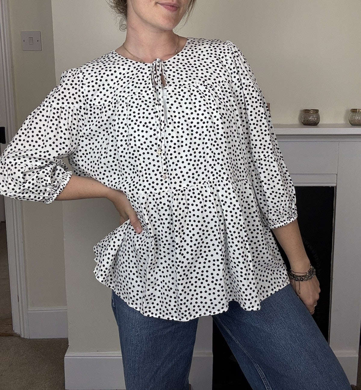 Size 12 White Polka Dot Tiered 3/4 Sleeve Top Stella + Gemma