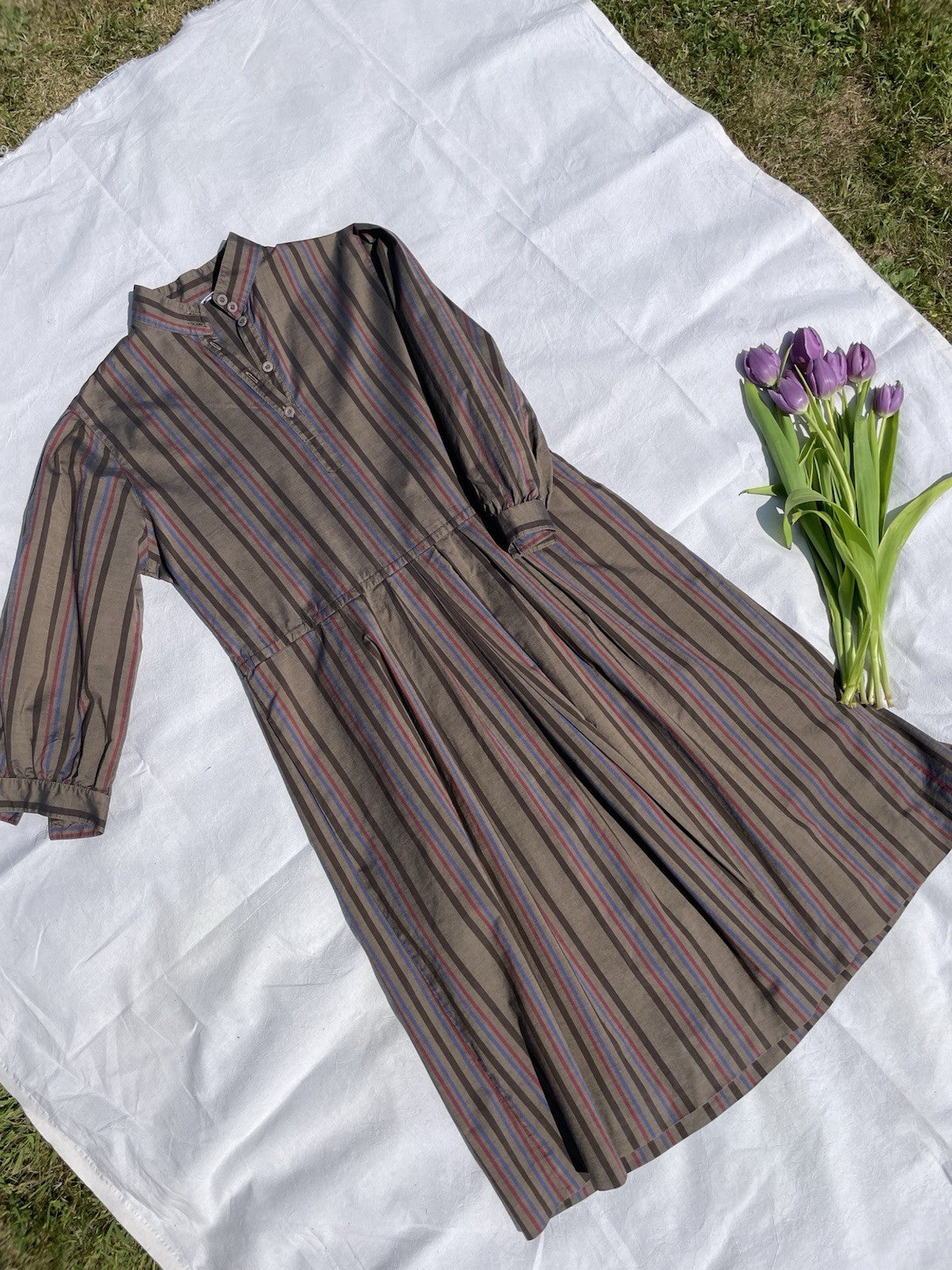 Vintage Size L 12-14 Striped Collarless Shirt Dress Frank Haushofer