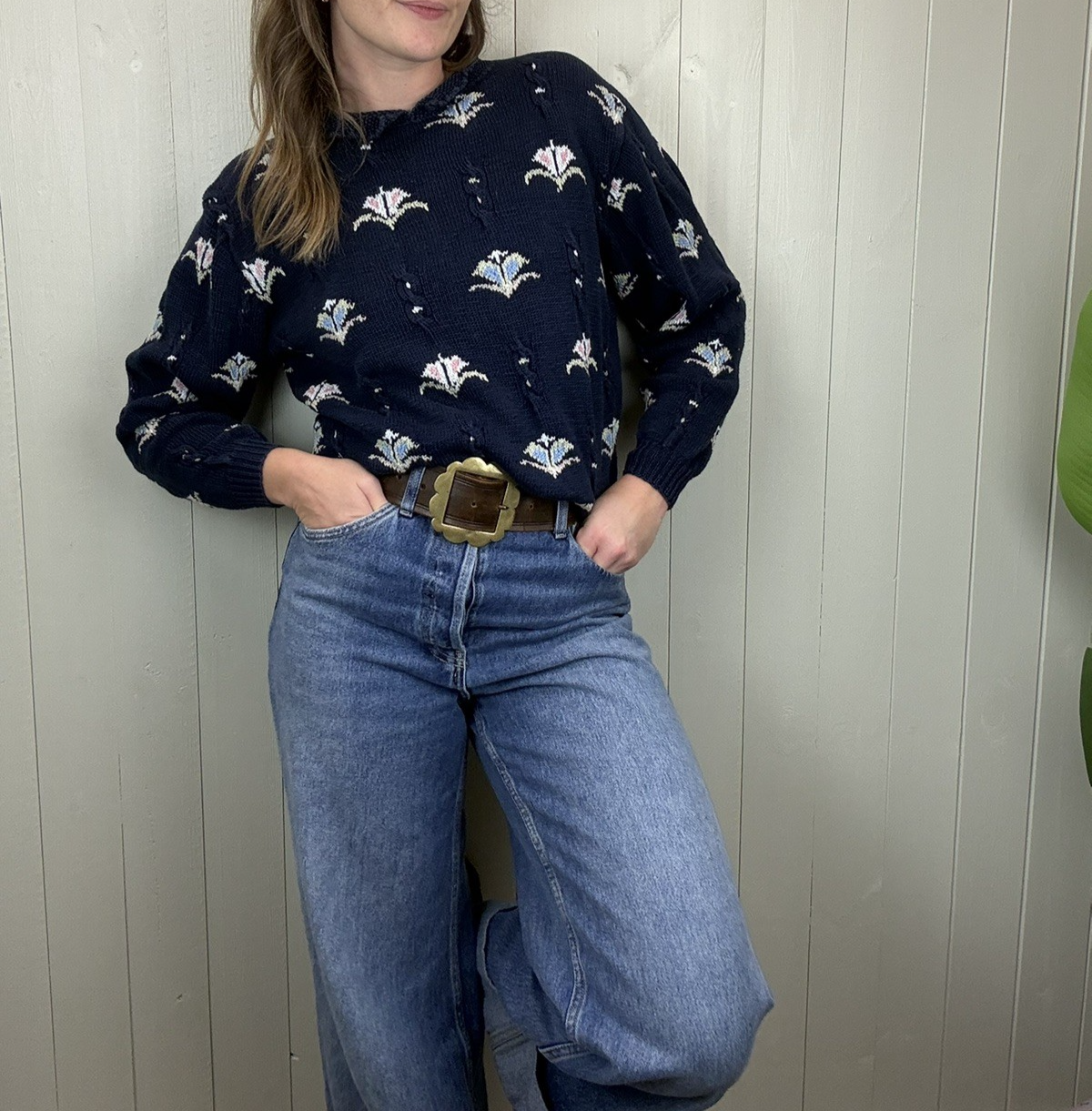 Vintage Size M 6-12 Navy Floral Cotton Knit Jumper Jean Moss for Rowan