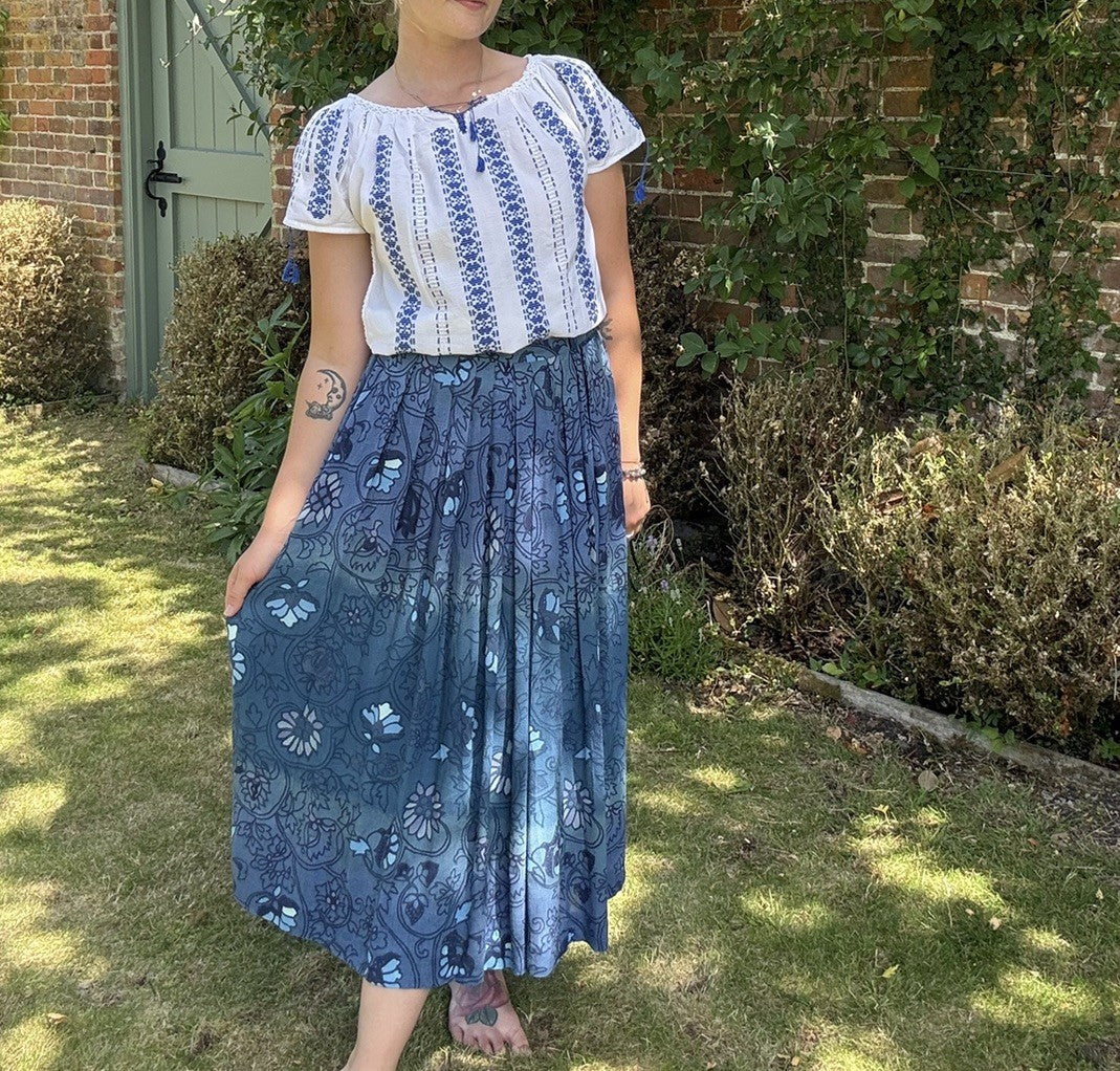 Vintage M 10-12 Blue Boho Whimsical Fairy Patterned Midi Skirt Steilmann