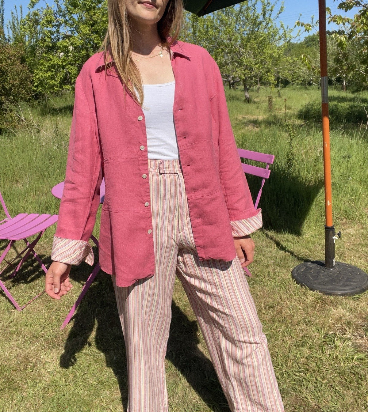 Vintage Size 16 Pink Candy Striped 100% Linen Trouser & Jacket Set Jillian Jones