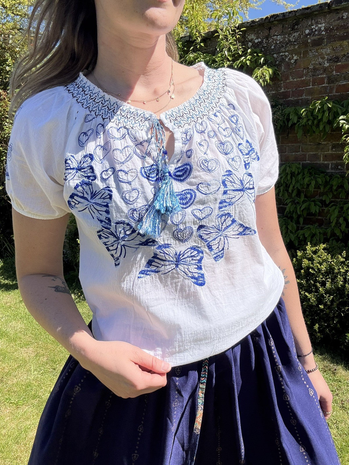 Size S 6-10 White Blue Embroidered Folk Peasant Blouse Desigual