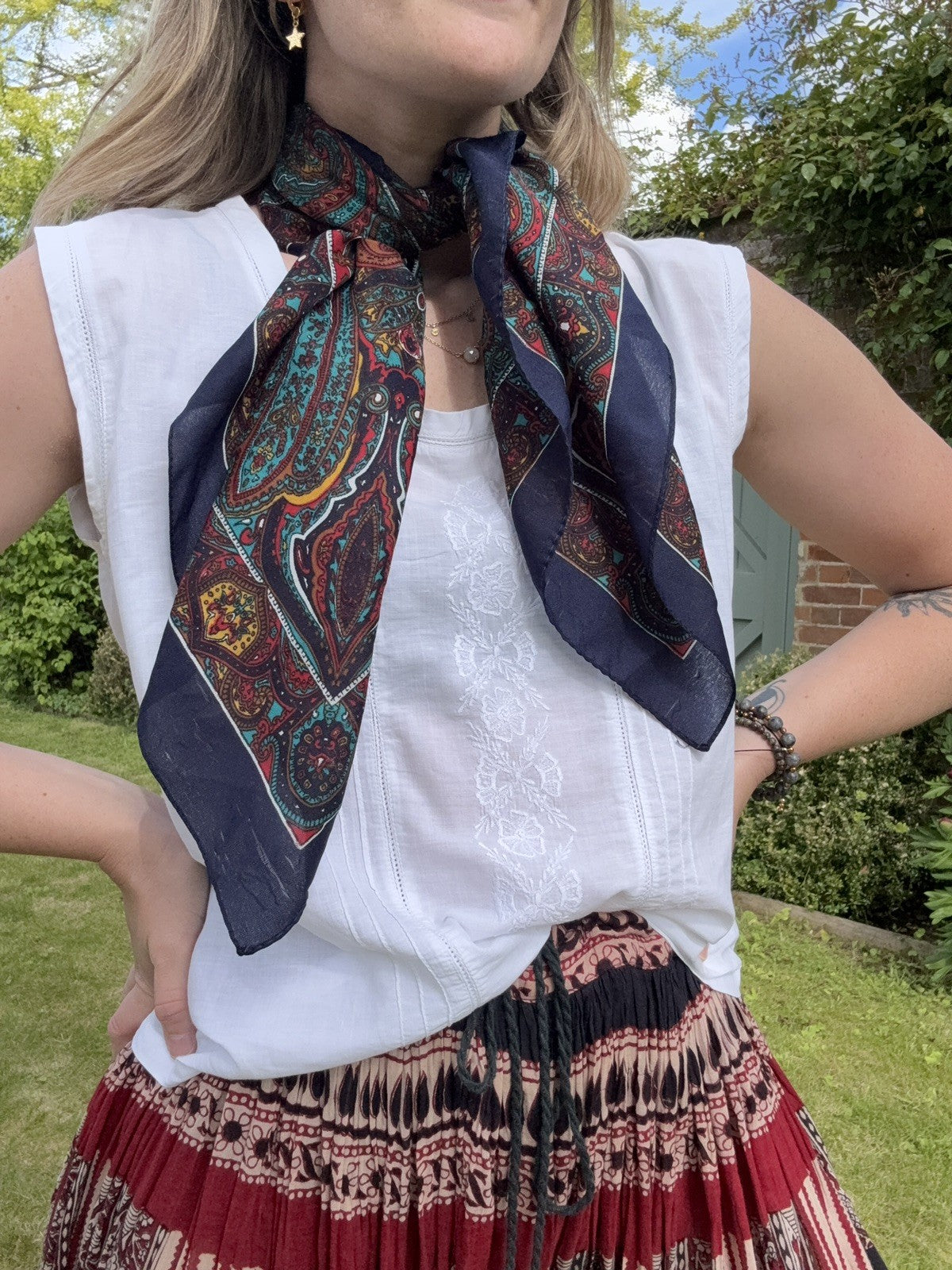Vintage Navy Boho Paisley Neck Scarf Bandana