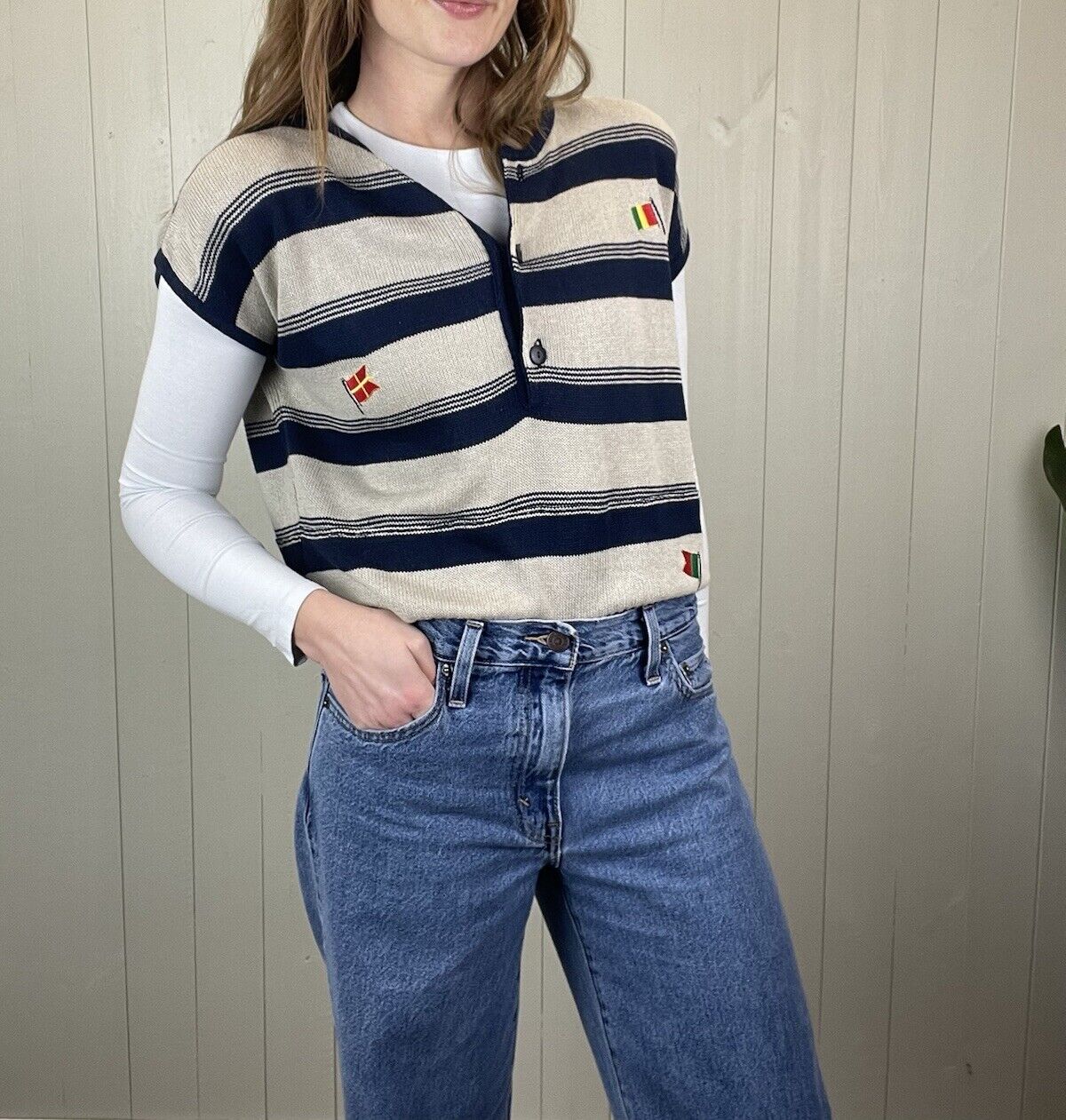 Vintage Size L 10-14 Navy Striped Fine Knit Tank Top Knit Vest
