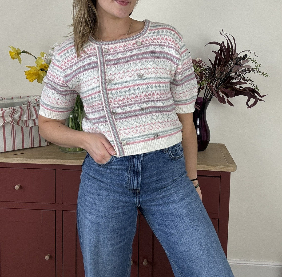 Vintage 80s Size S 6-10 Pink Patterned Short Sleeve Knit Jumper Dorothy Perkins