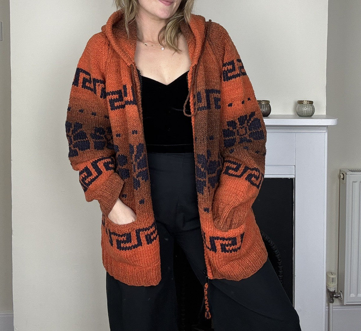 Vintage Size XL 12-18 Orange Boho Hippy Pure Wool Chunky Knit Hoody Cardigan