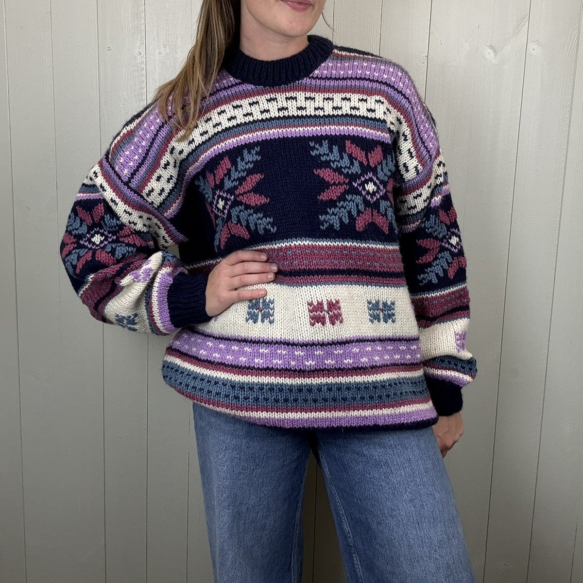 Vintage Size 2XL 16-20 Purple Patterned Chunky Knit Handknit Jumper