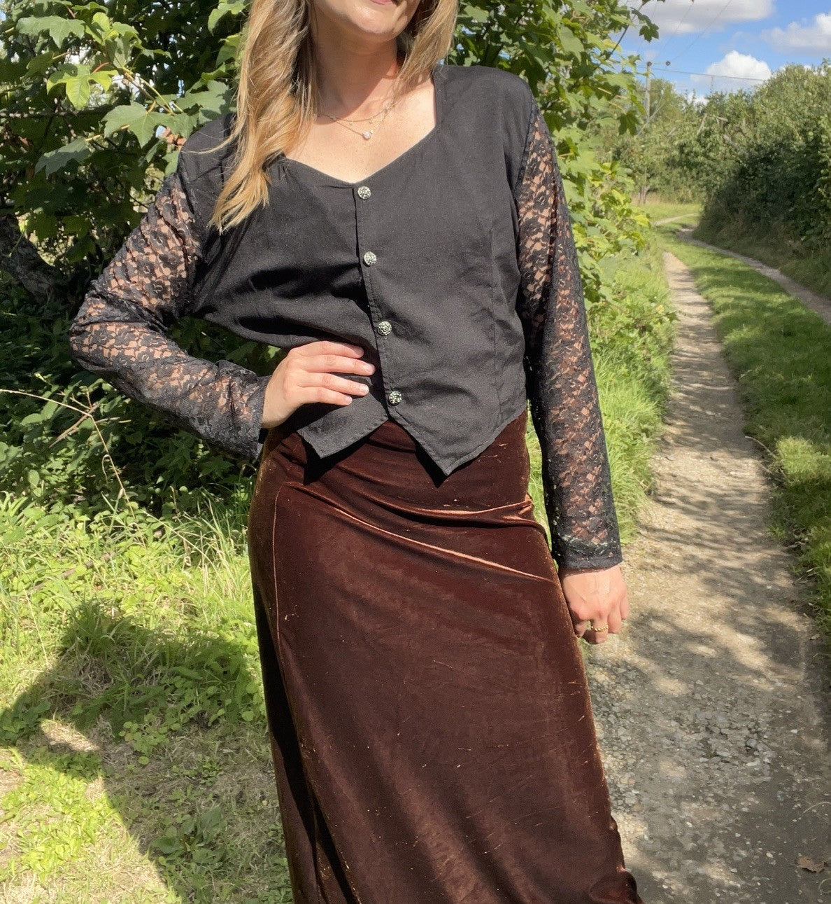 Vintage Size M 10-12 Black Lace Long Sleeve button Front Blouse C&A