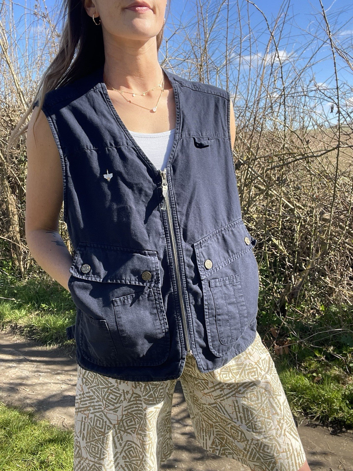 Vintage Size L 10-14 Navy Utility Waistcoat Gilet Goose & Gander