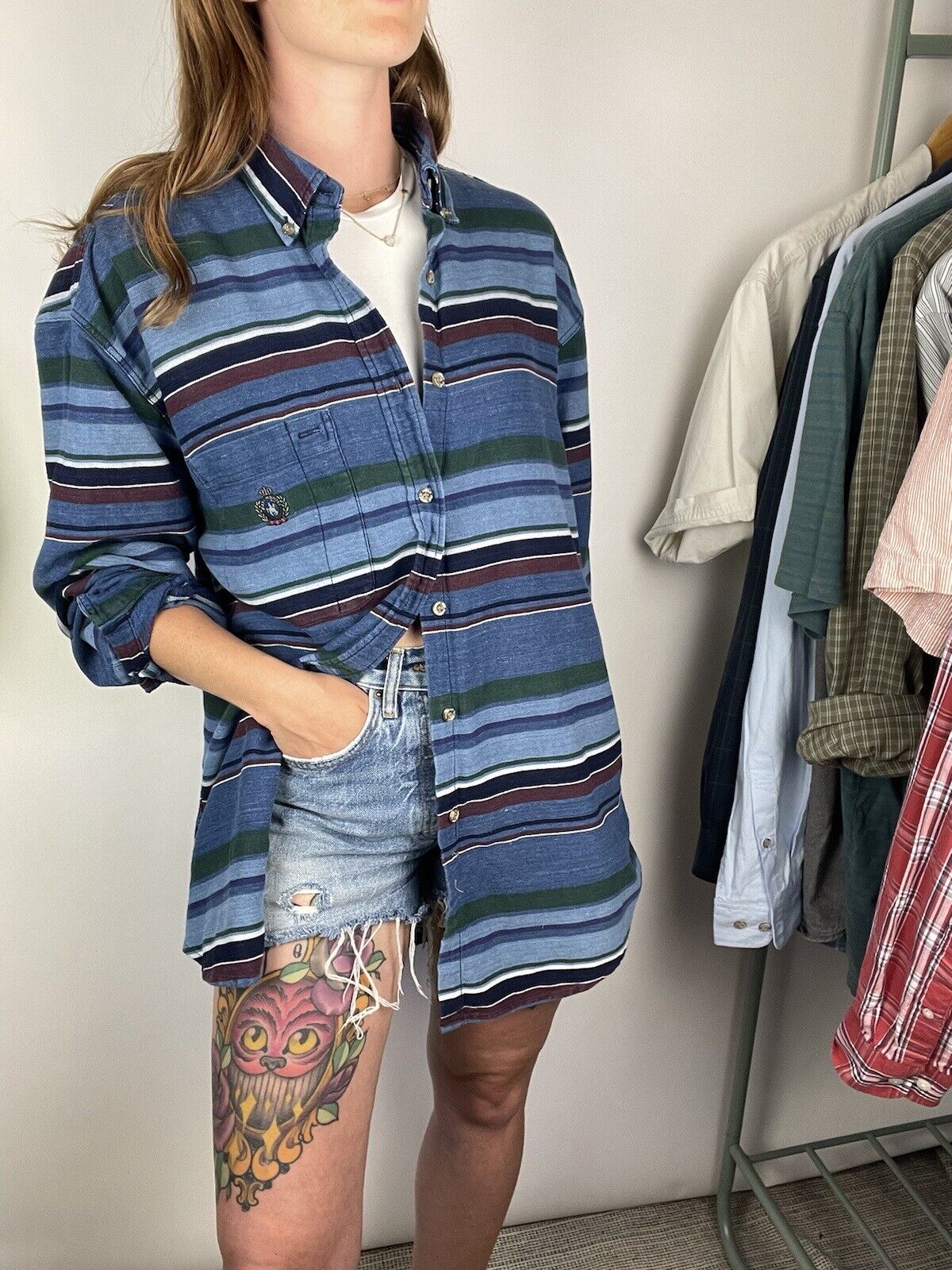 Vintage Size L 6-14 Blue Boho Striped Unisex Cotton Shirt/Overshirt