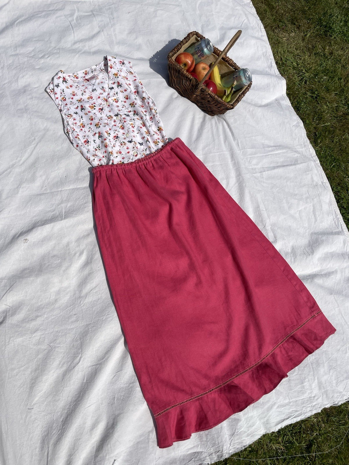 Vintage Size XL 12-16 Pink 100% Linen Frill Hem Maxi Skirt Orvis