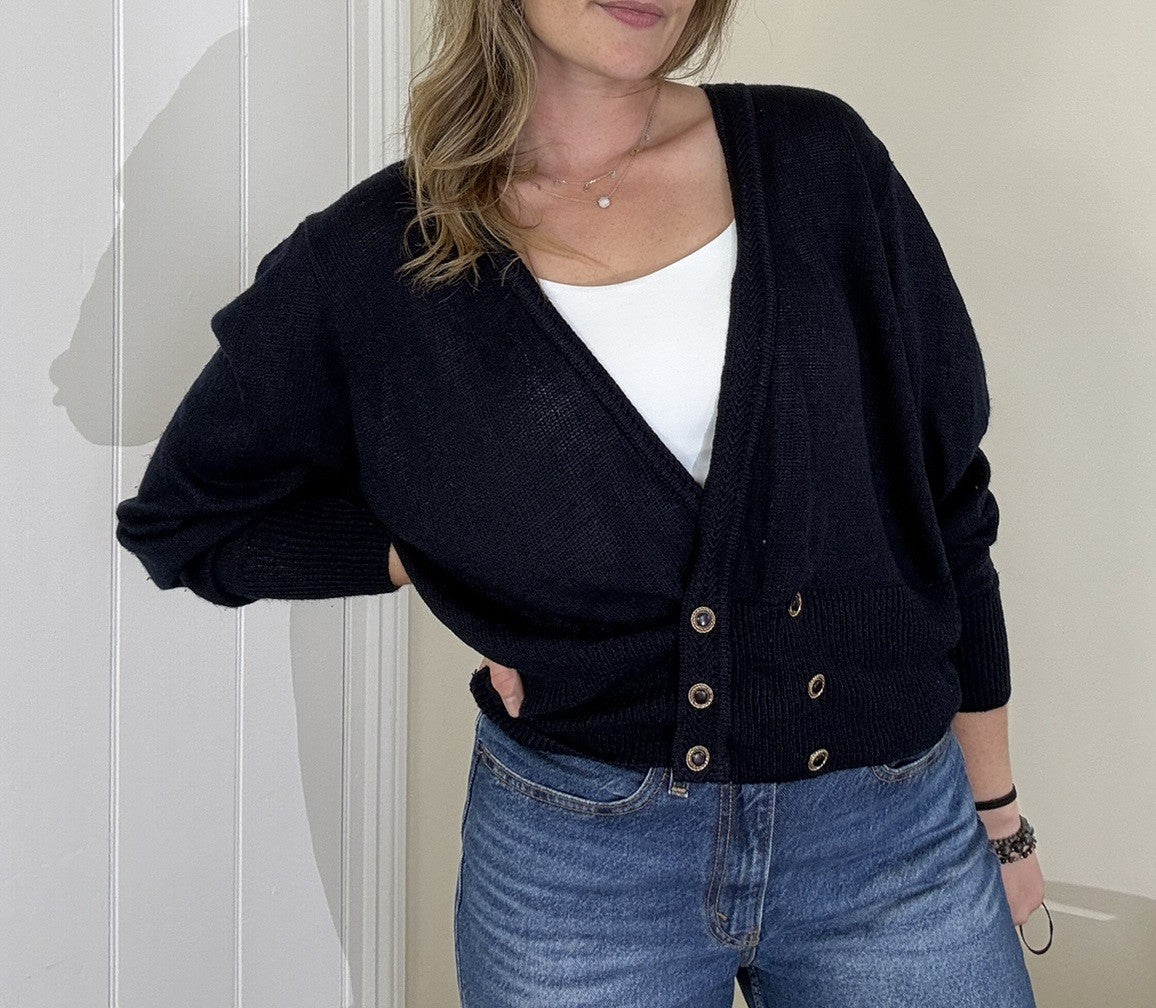 Vintage 80s Size L 14-16 Navy Button Waist Cardigan by St Michael