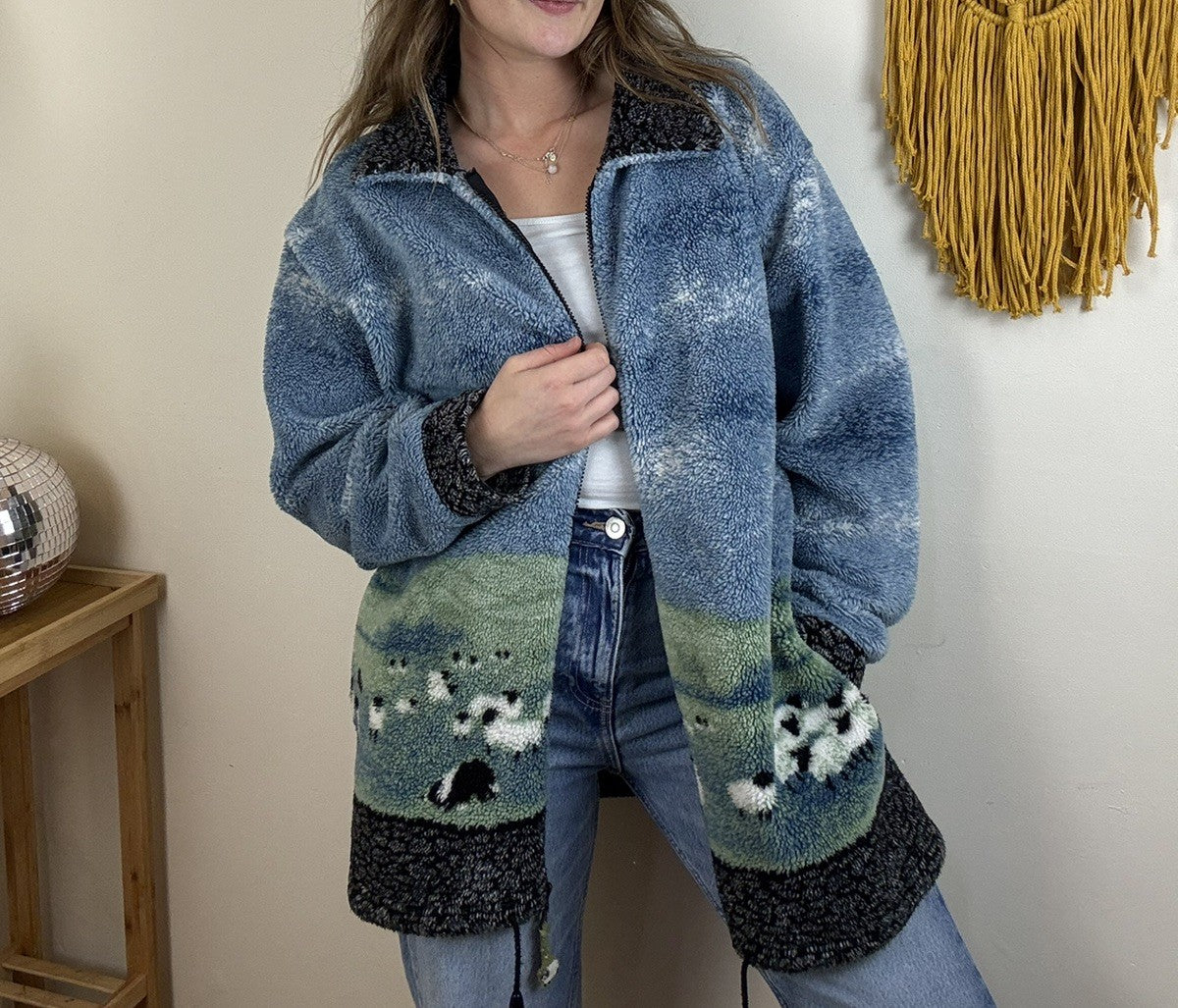 Vintage Size 2XL 12-18 Blue Chunky Sherpa Sheep Collie Fleece