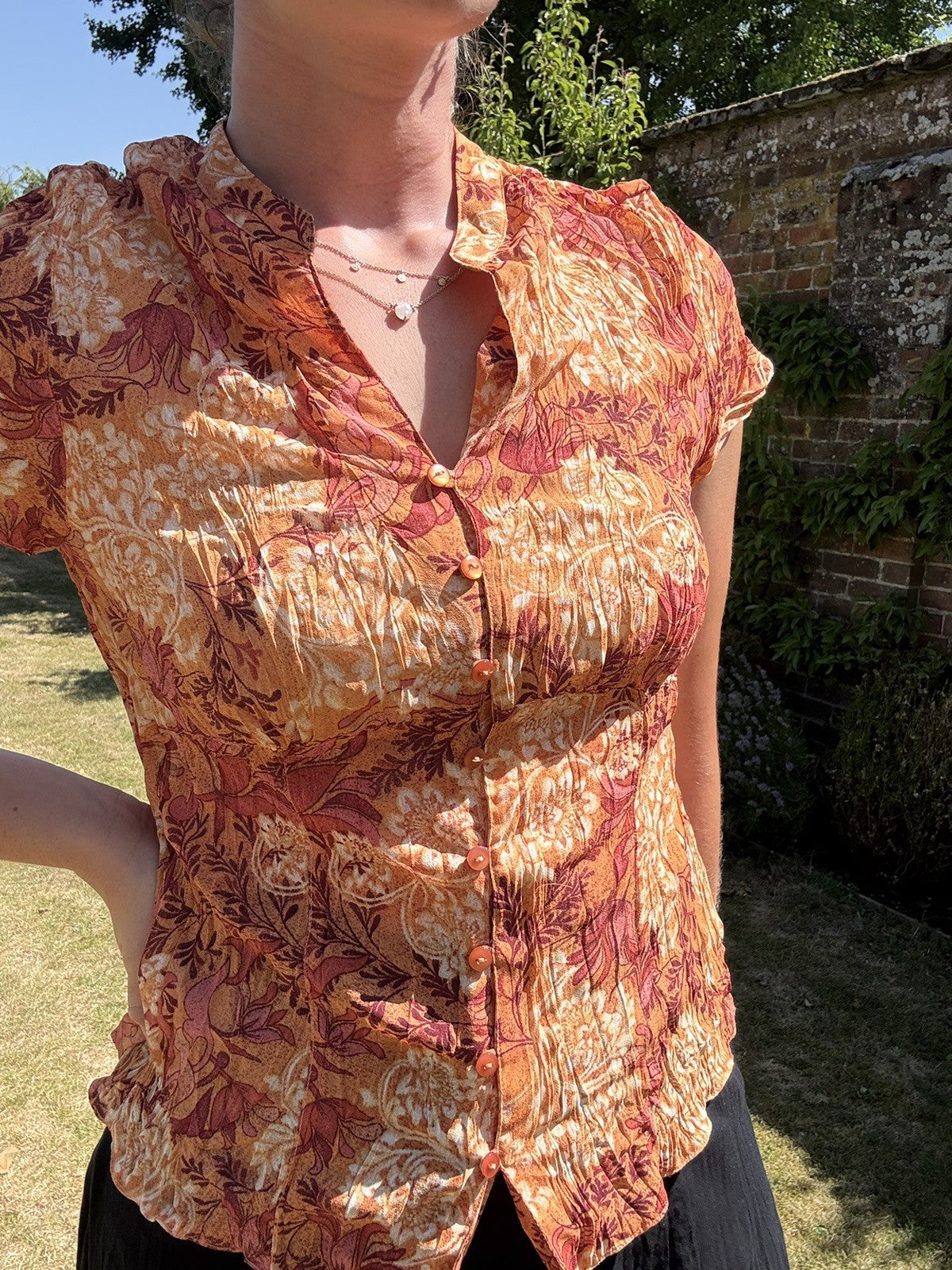 Vintage Size M 10-12  Orange Boho Floral Crinkle Short Sleeve Shirt Blouse BHS