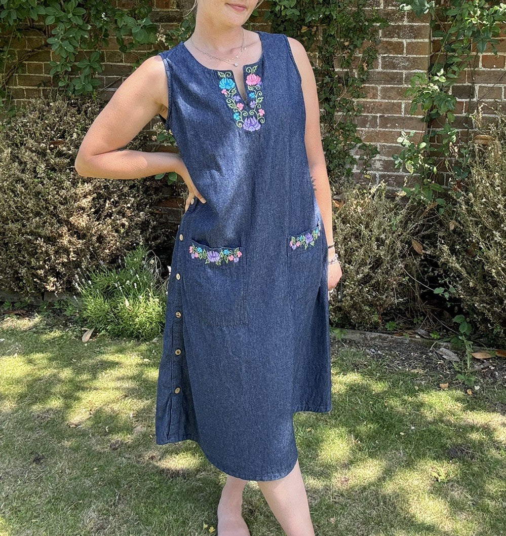 Vintage Size L 12-14 Indigo Denim Floral Embroidered Midi Dress Anthony Richards
