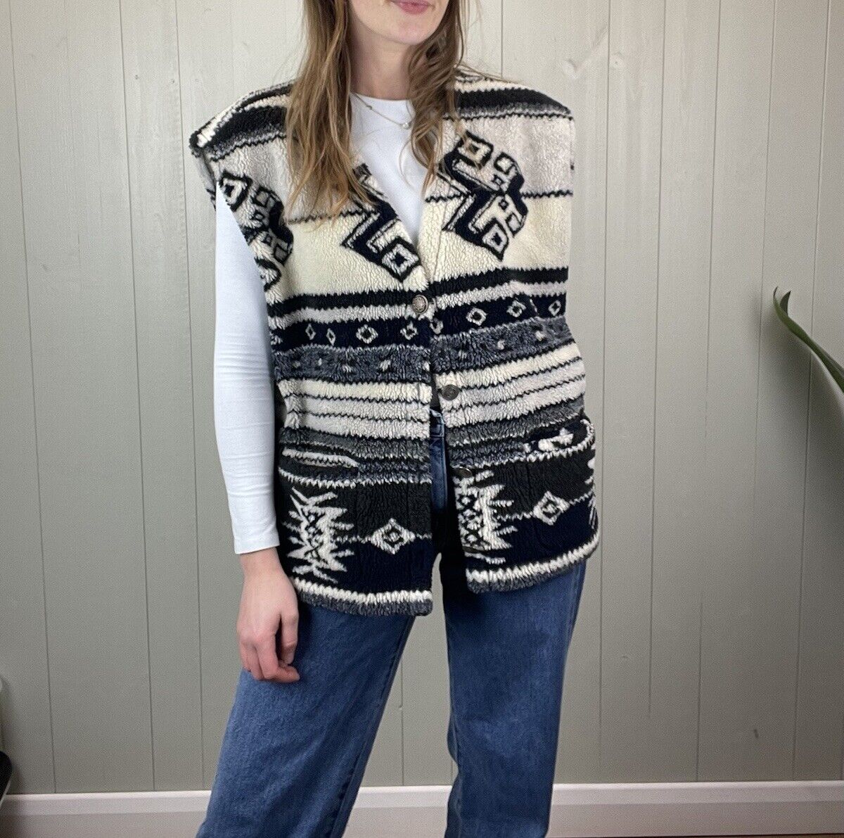 90s Size L 14-18 White Patterned Borg Fleece Gilet/Waistcoat Brugi