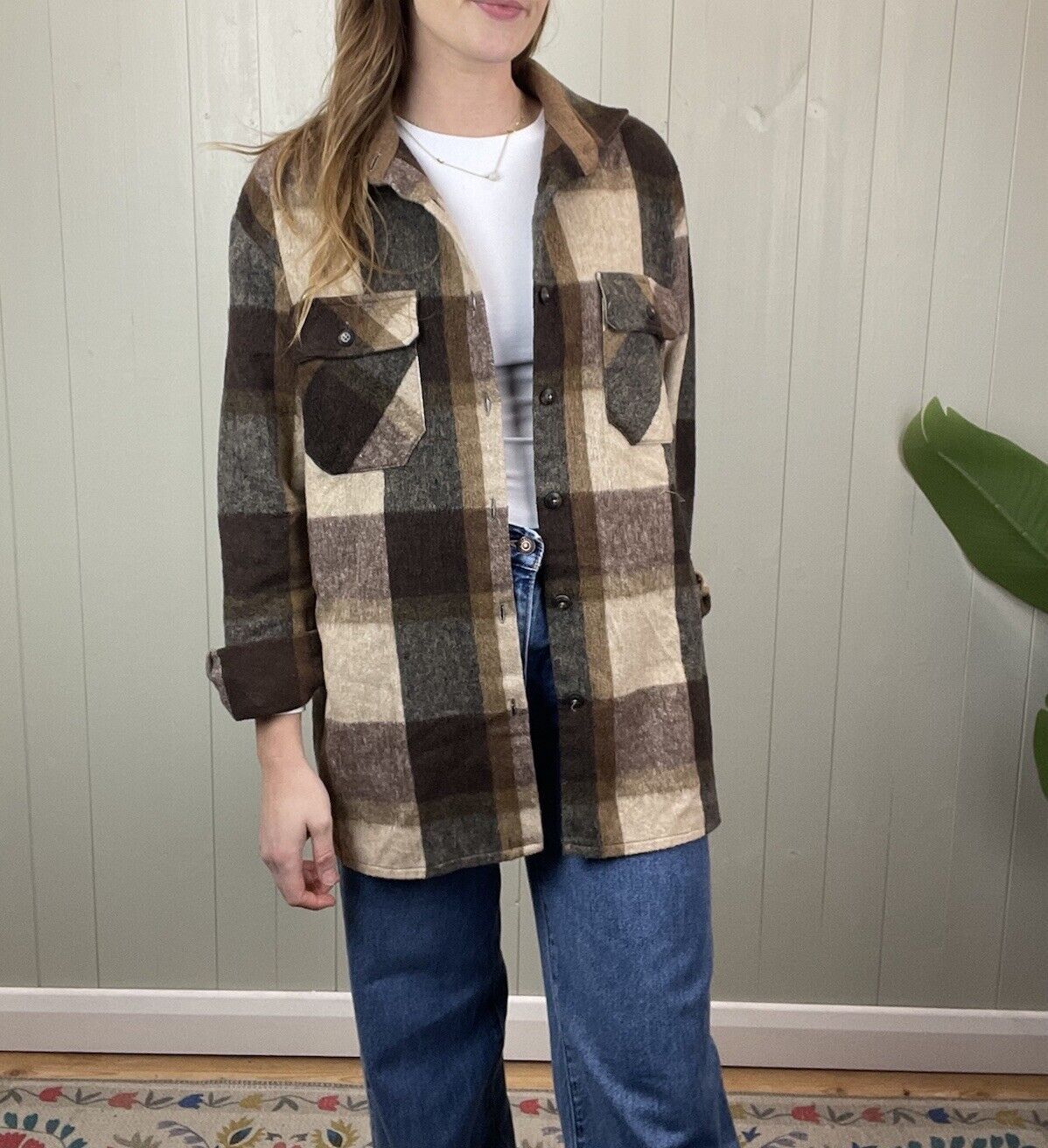 Vintage Size L 10-16 Brown Check Thick Wool Blend Shirt/Overshirt