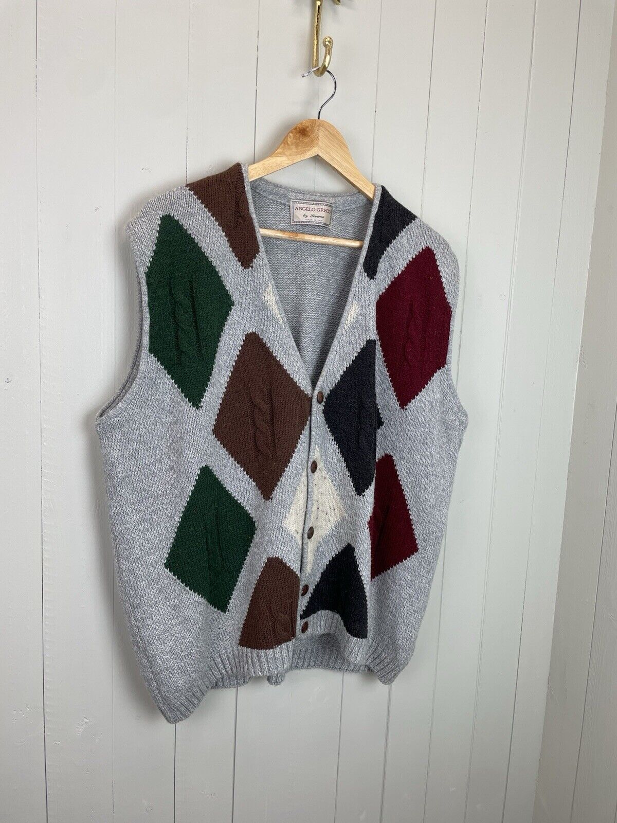 Vintage Size 2XL 16-20 Grey Diamond Argyle Button Front Knit Vest Simona