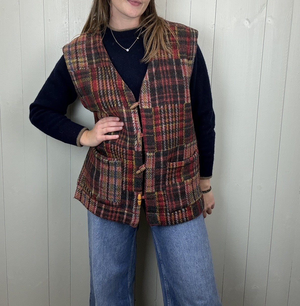 Vintage Size L 10-14 Red Tweed Patchwork Check Gilet Only Nature Usha