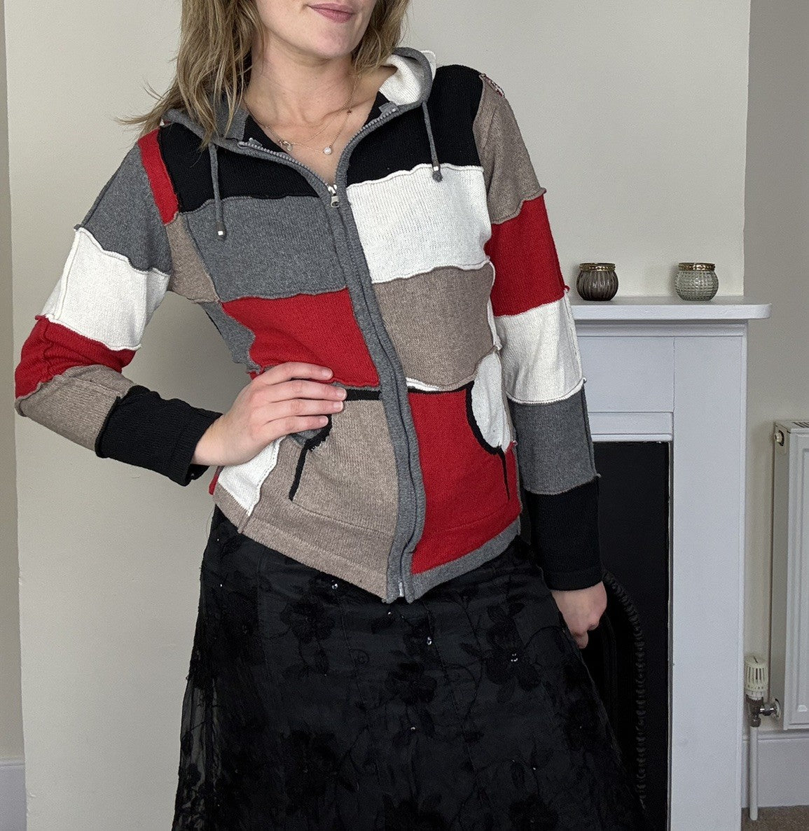 Vintage 90s M 10-14 Red Patchwork Knit Hoody Cardigan