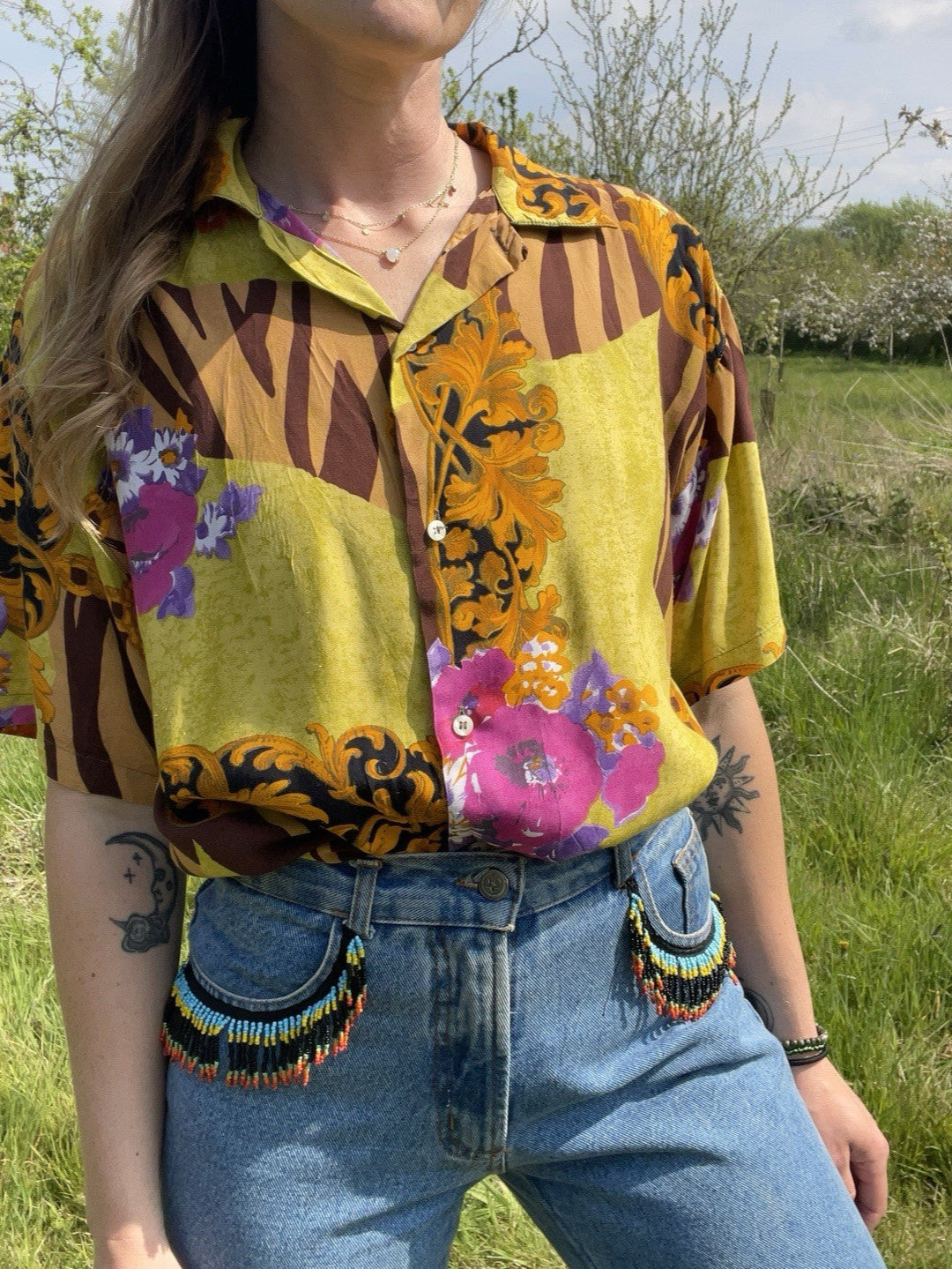 Vintage Size L 10-14 Yellow Funky Animal Print Patterned Short Sleeve Shirt