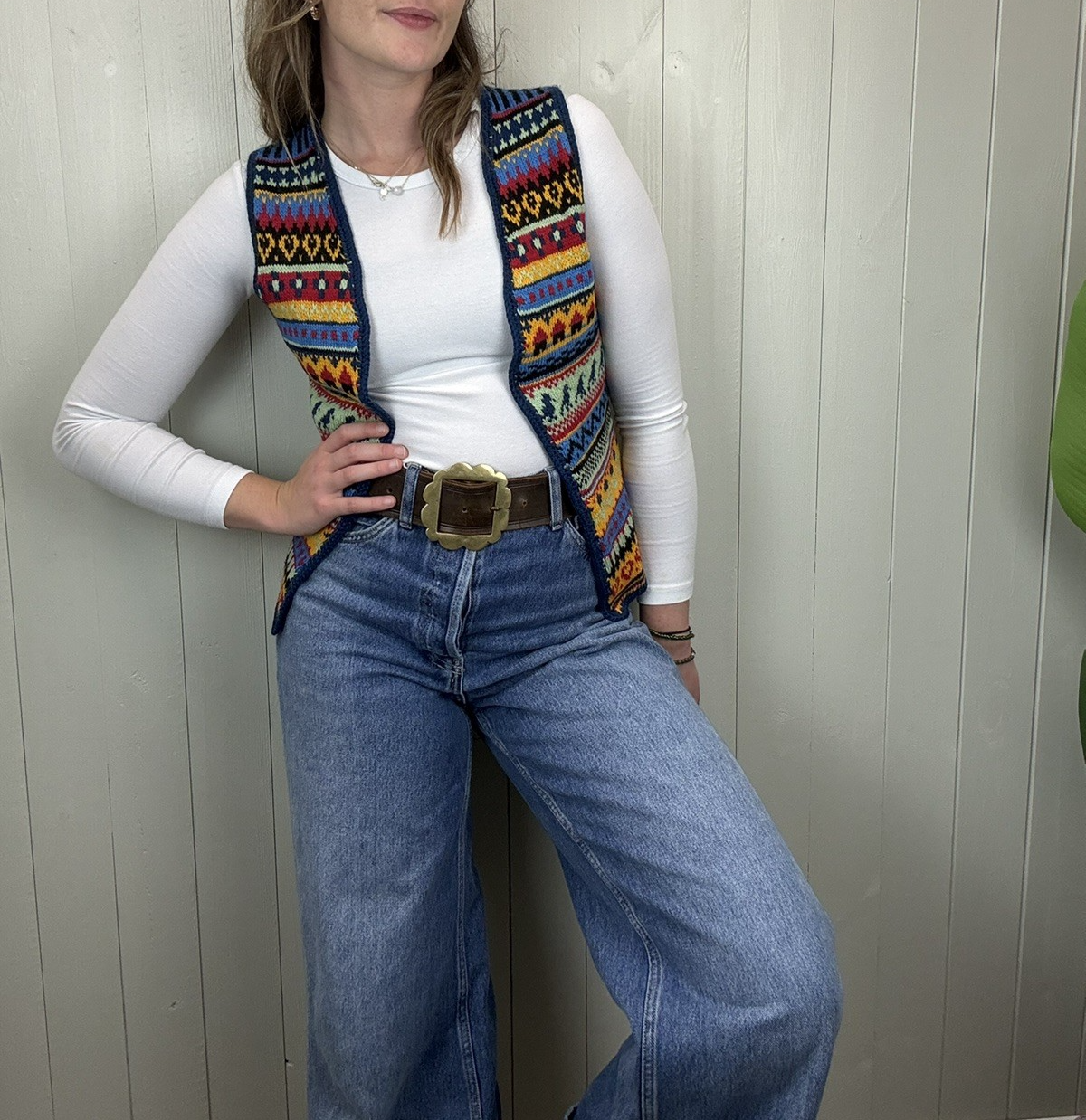 Vintage Size XS 6-8 Blue Multi Handknitted Patterned Knit Vest Waistcoat