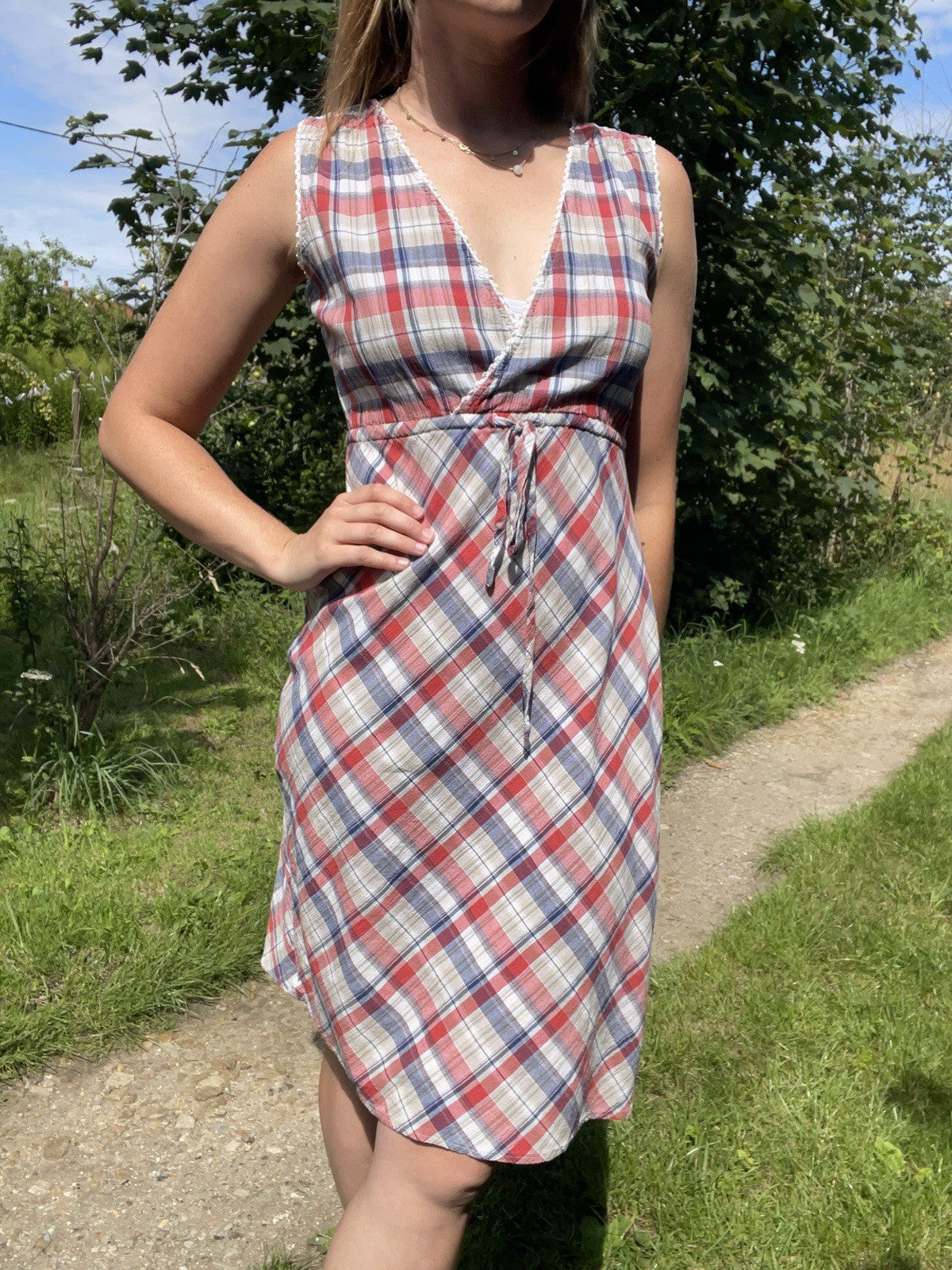 Vintage Size XS 6-8 Blue Red Cotton Check Sleeveless Dress Eddie Bauer
