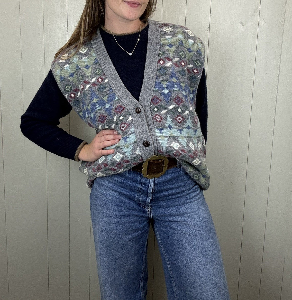 Vintage Size 3XL 16-22 Grey Wool Blend Patterned Grandad Knit Vest Waistcoat