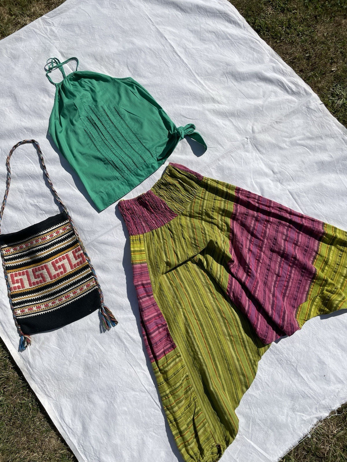 Vintage 90s Free Size 6-20 Green Pink Striped Harem Hippie Trousers