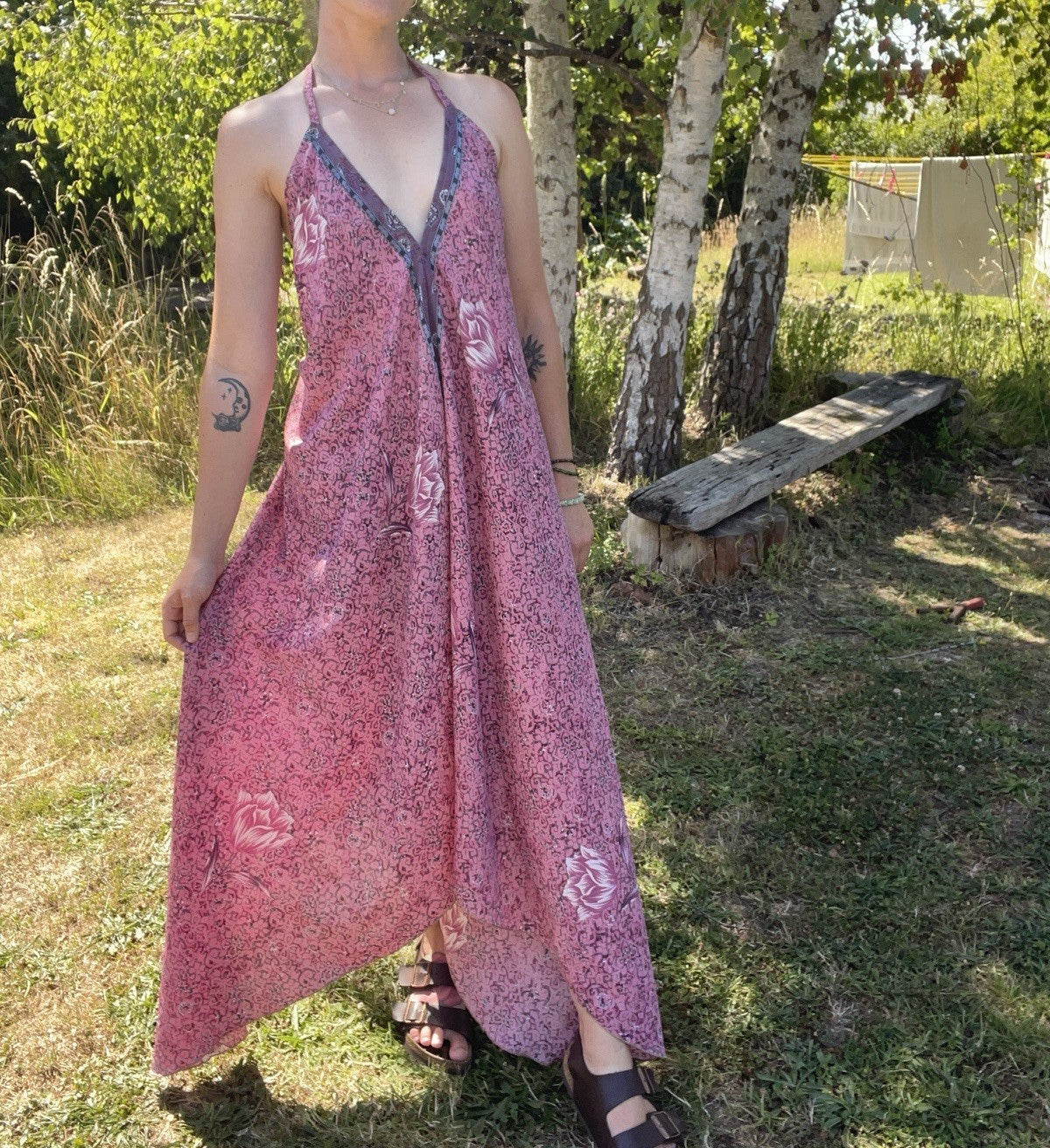 Vintage Free Size 6-14 Pink 100% Silk Boho Strappy Midi Multiway Dress SKirt