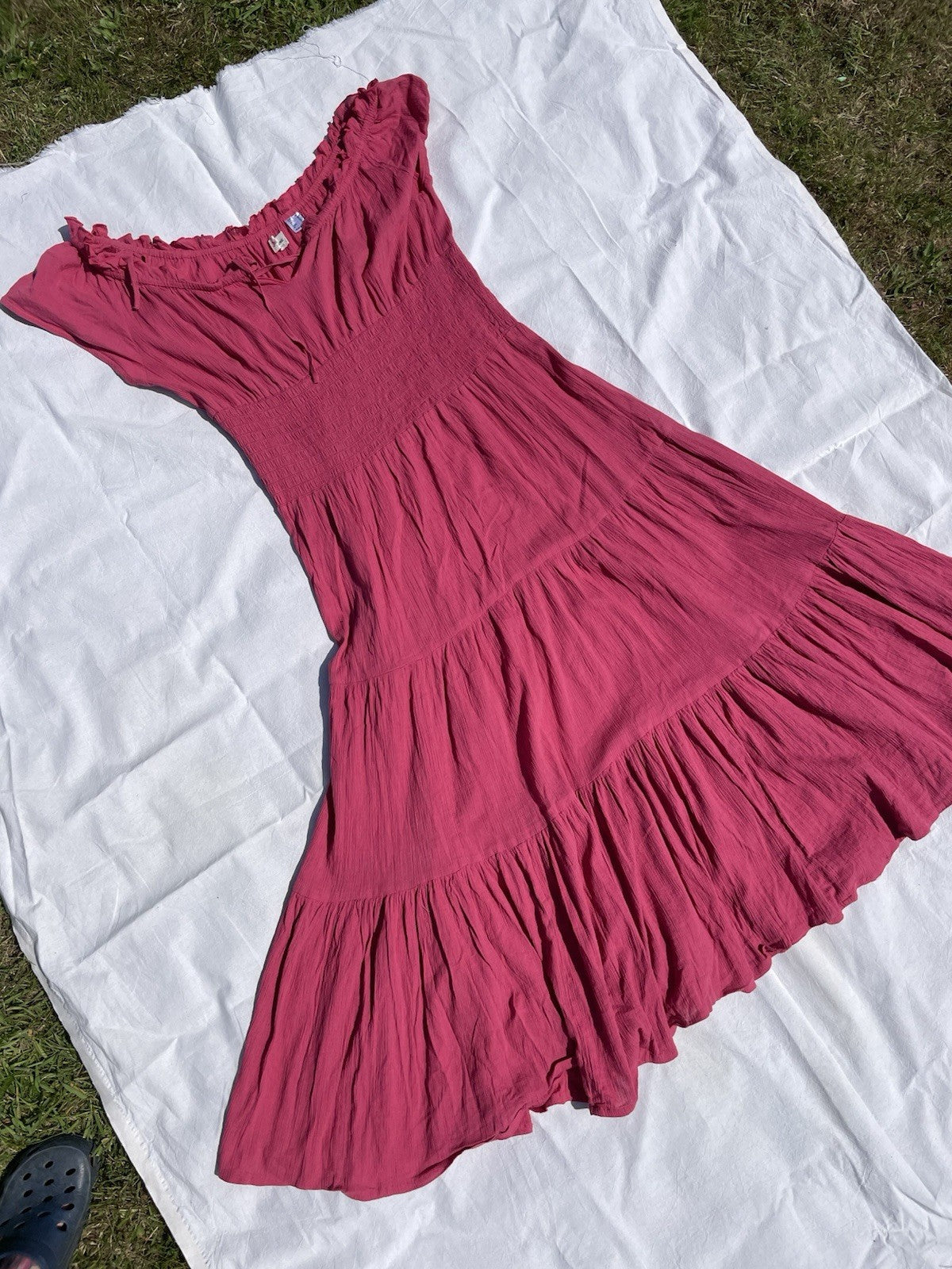 Vintage Size 4XL 20-24 Pink Crepe Cotton Milkmaid Style Summer Midi Dress