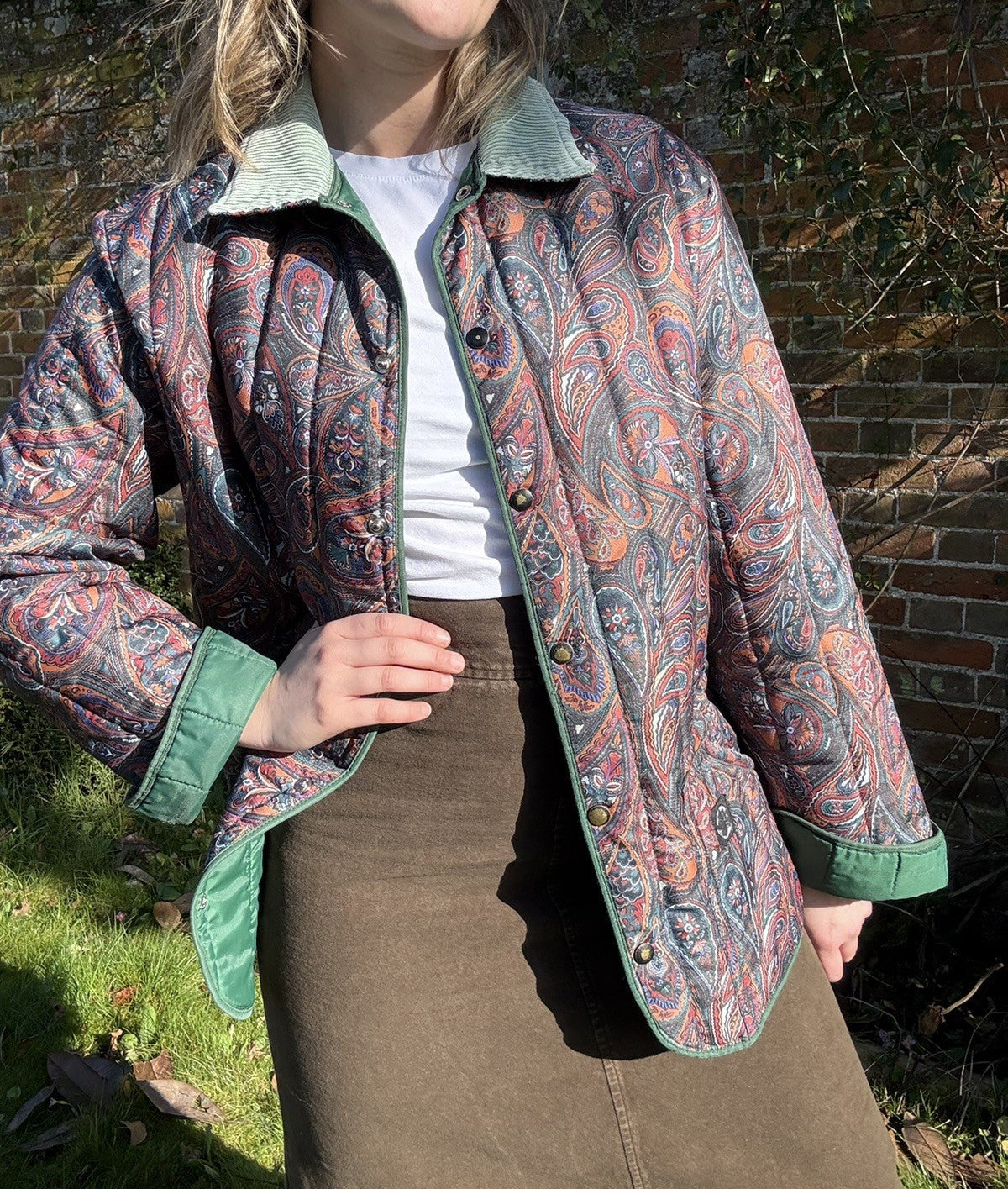 Vintage 60s Size M 8-12 Green Paisley Quilted Jacket Eque-Sport