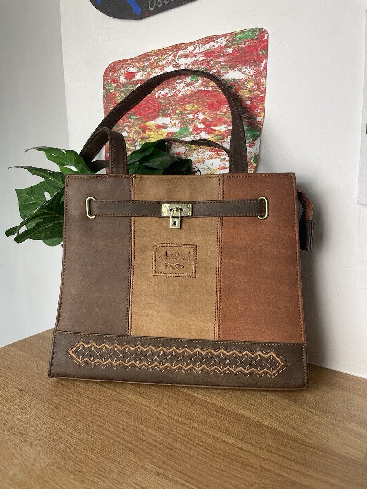 Brown Panelled Embroidered Leather Shoulder Bag MDS Paris