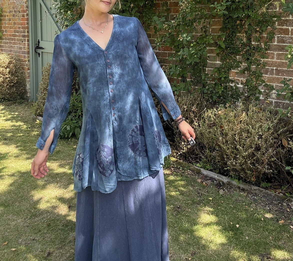 Vintage Free Size 6-12 Blue Boho Hippy Tie Dye Embroidered Tunic Dress Jordash