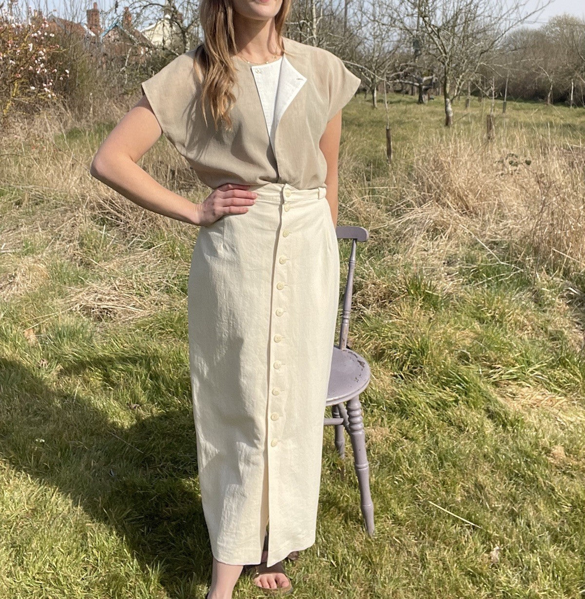 Vintage Size 12 W30” Stone Beige Tailored Button Midi Skirt Jurgen Michaelsen