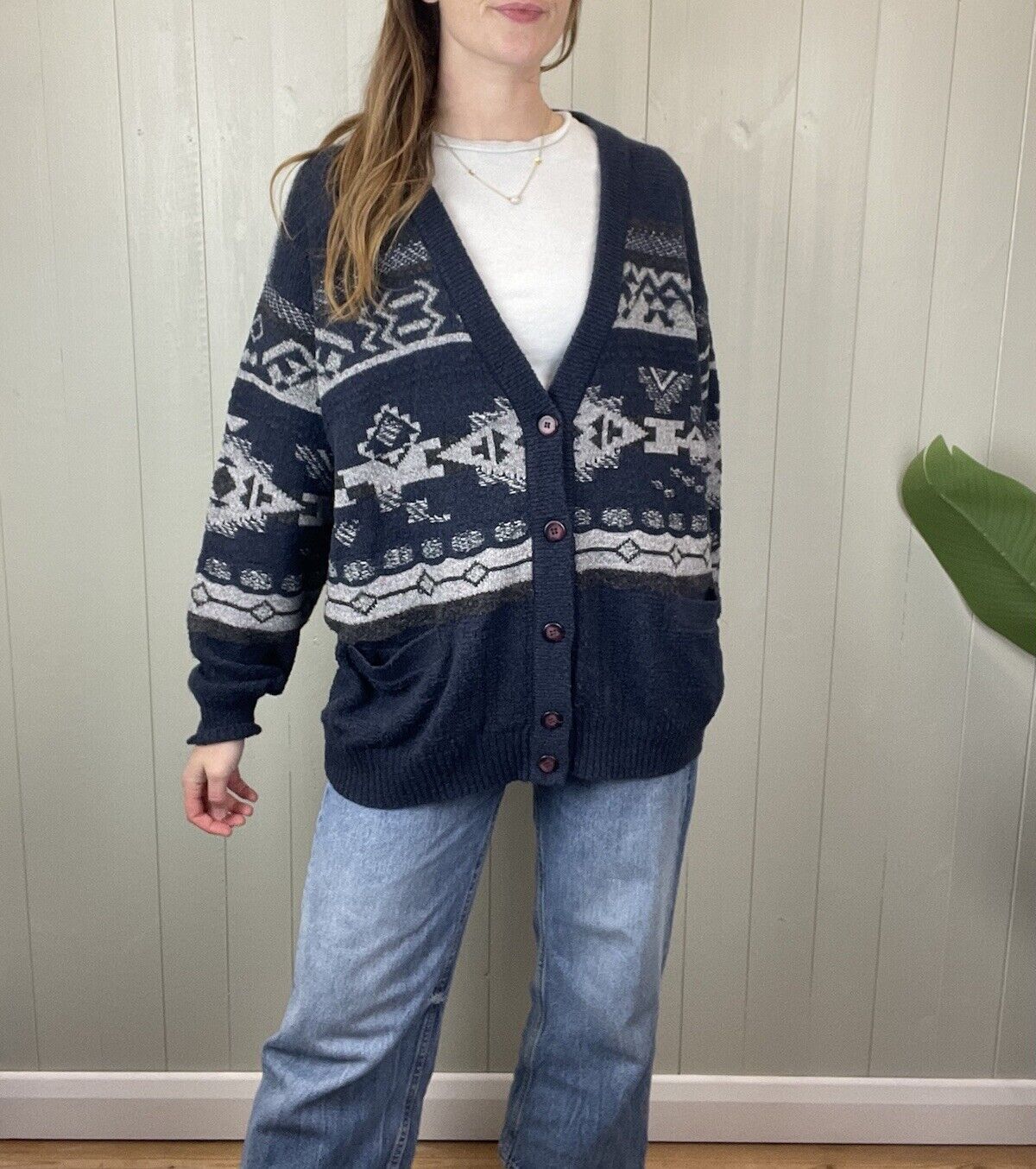 Vintage Size XL 12-18 Blue Navy Patterned Knit Grandad Cardigan Monte Carlo