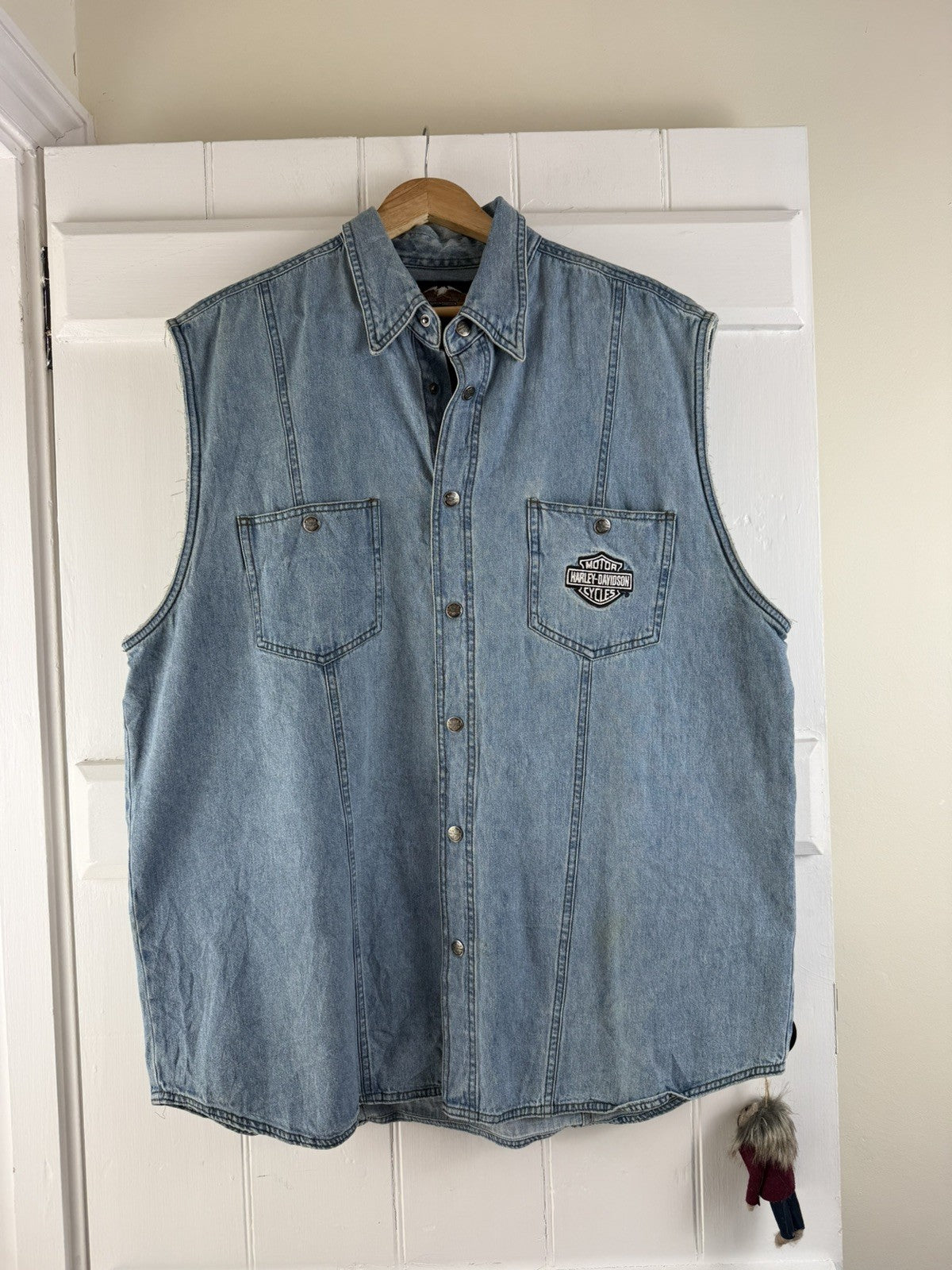 Vintage Size 3XL 18-22 Blue Sleeveless Denim Biker Worker Shirt Harley Davidson