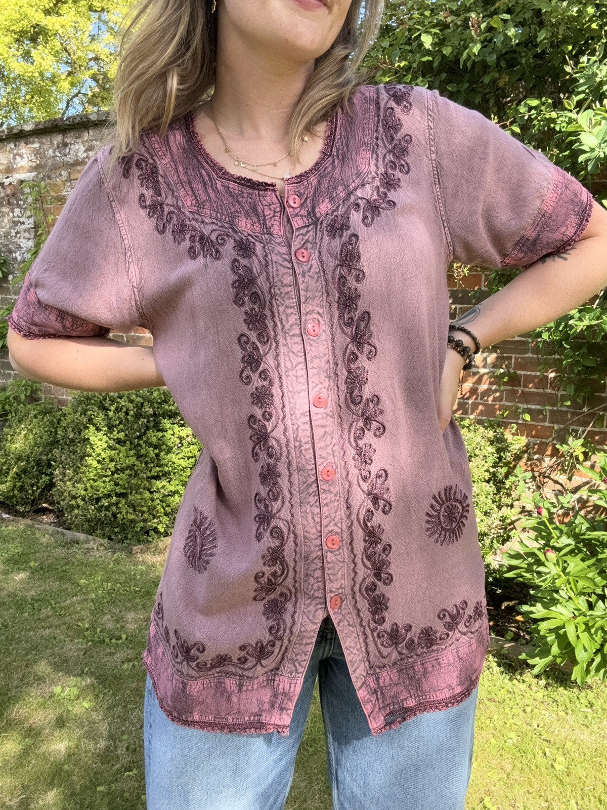 Vintage Free Size 10-14 Purple Boho Hippy Embroidered Short Sleeve Top RAPP