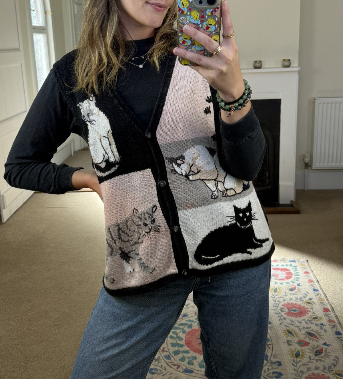 Vintage Size L 14-18 Black Cat Patterned Knit Vest Waistcoat Blair Boutique