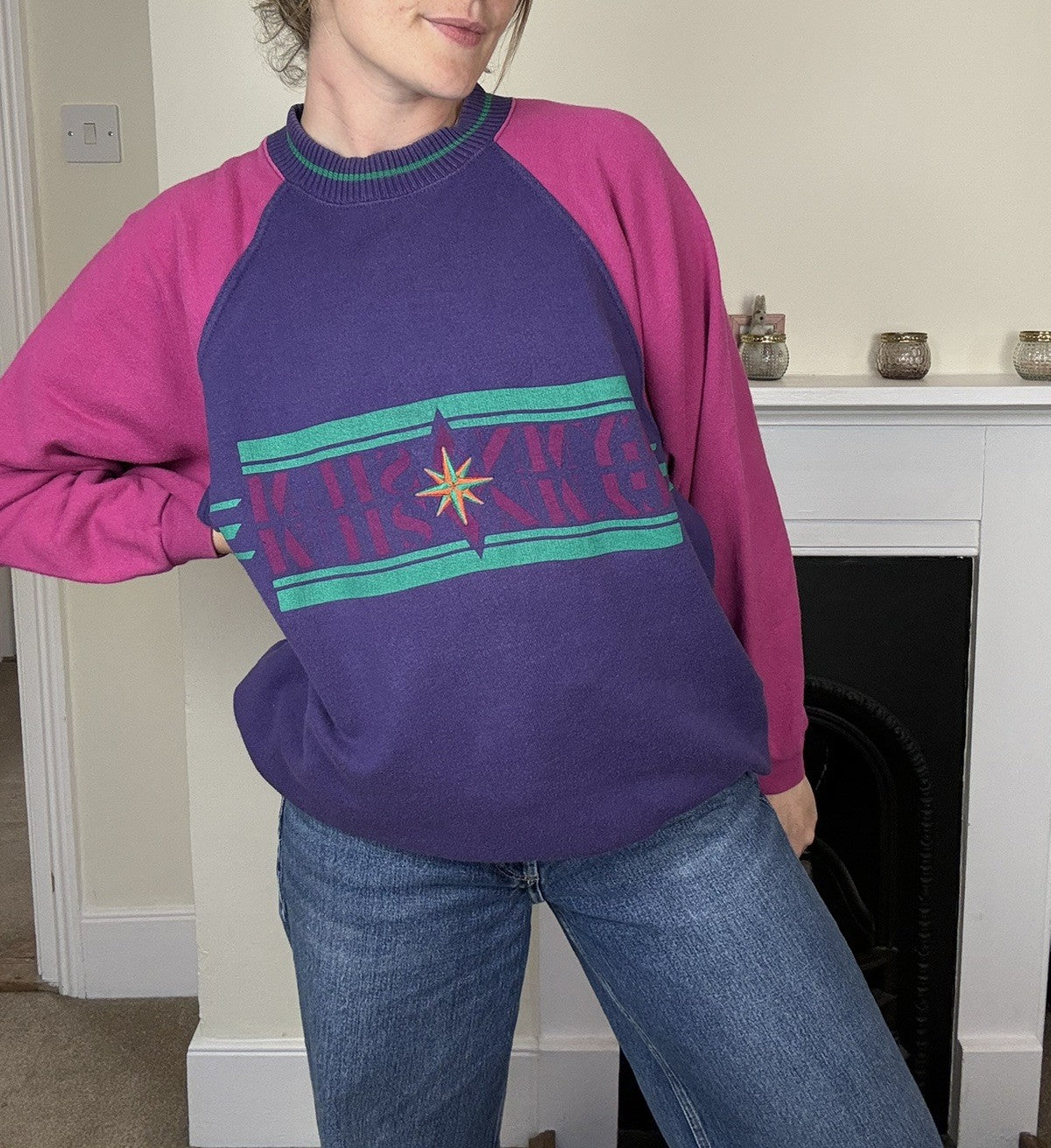 Vintage 80s Size XL 14-20 Pink Purple Gymnasium Logo Sweatshirt Jumper