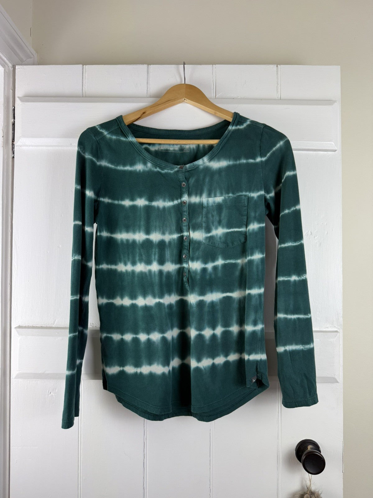 Size S 10-12 Green Tie Dye Cotton Long Sleeve Grandad Top Eddie Bauer