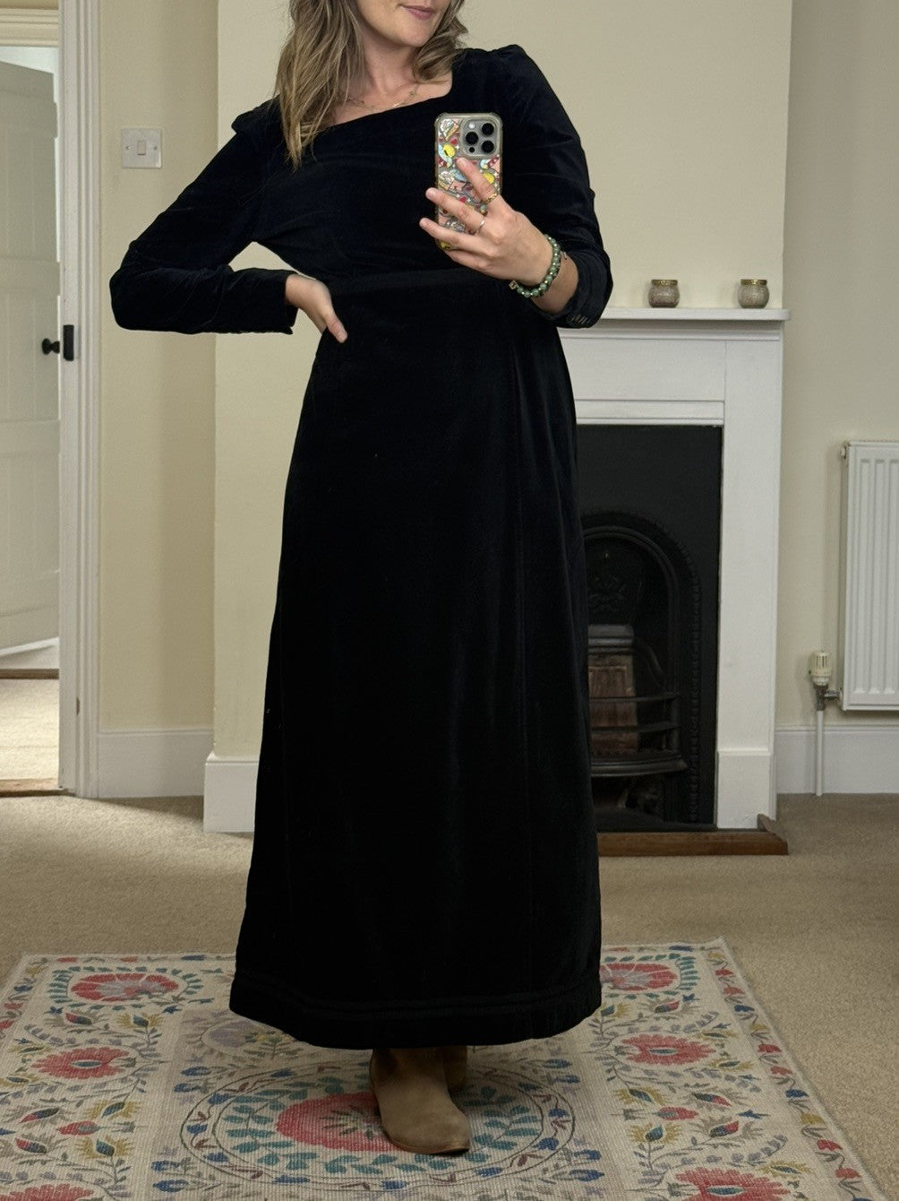 Vintage S 8-10 Black Cotton Velvet Witchy Whimsical Midi Dress by Laura Ashley