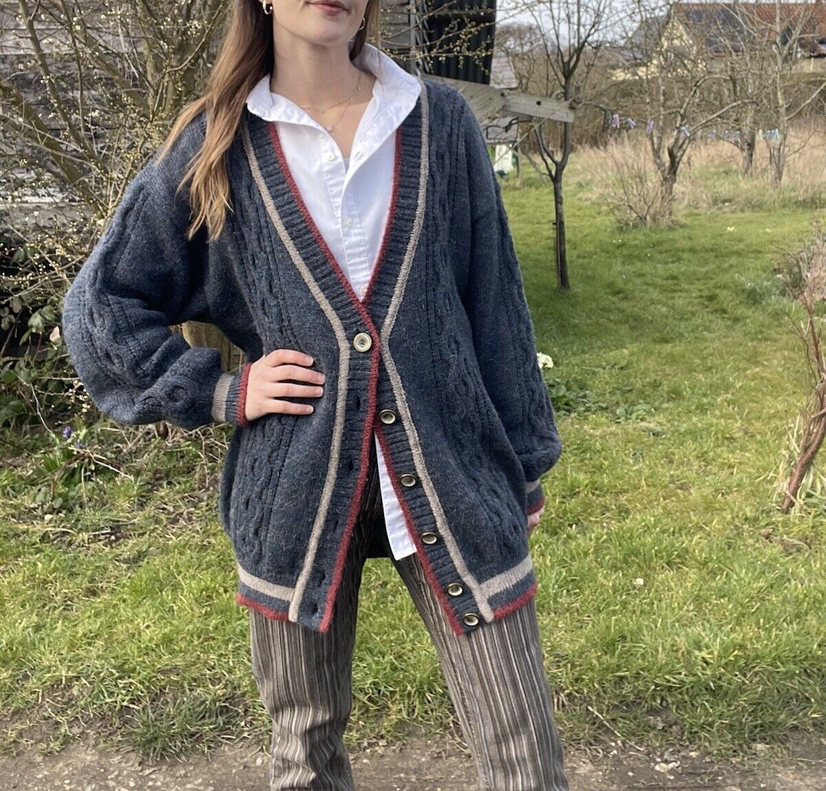 Vintage Size XL 12-18 Blue Preppy Slouchy Grandad Knit Cardigan