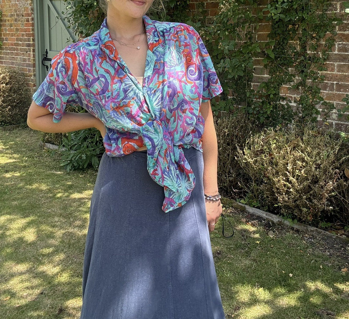 Vintage 70s/80s One Size 8-18 Blue Floaty Cotton Patterned Summer Shirt by Adini