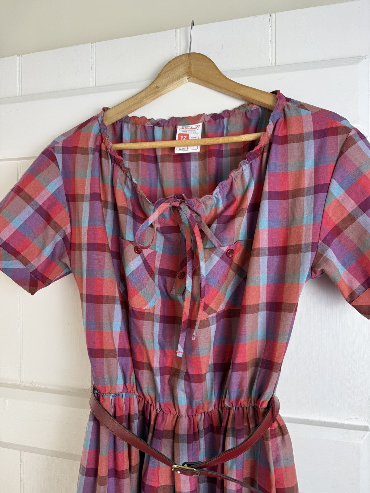 Vintage Size M 10-12 Red Pink Gingham Check Belted Midi Dress St Michael