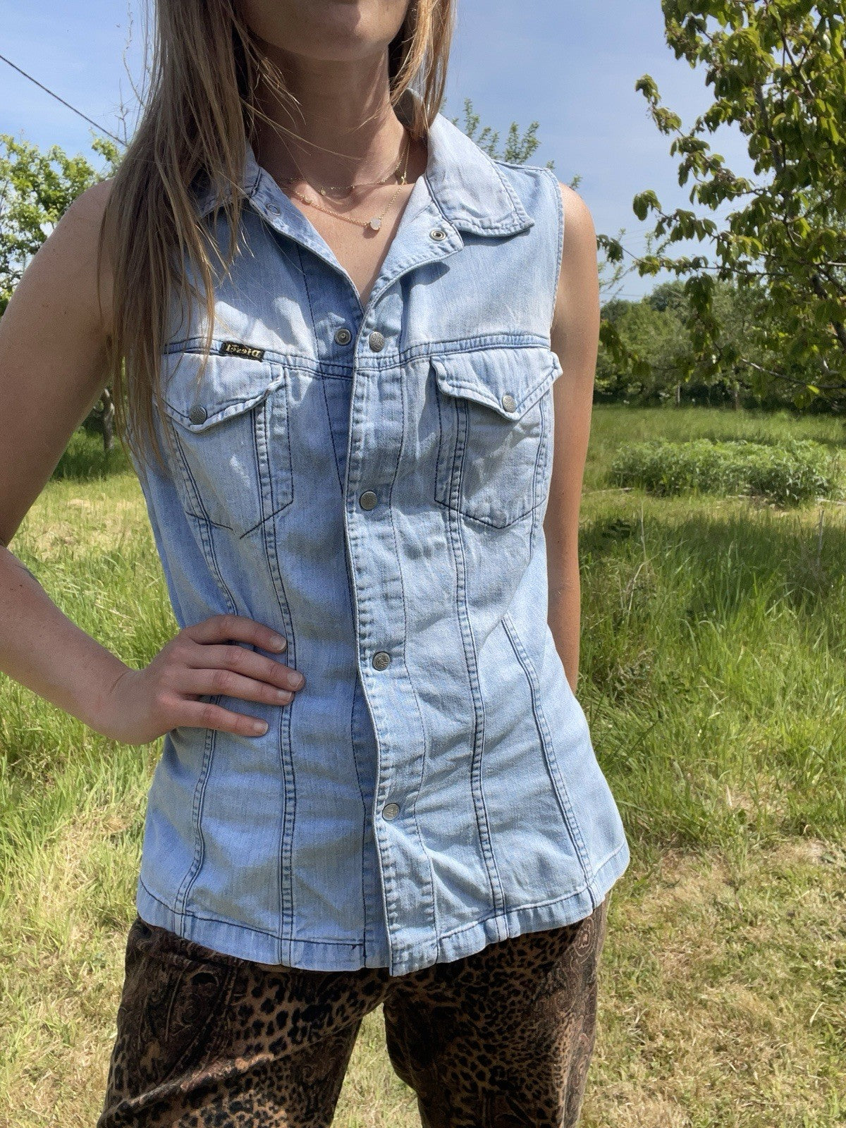 Vintage 90s Size S 8-10 Blue Denim Sleeveless Shirt Top Diesel