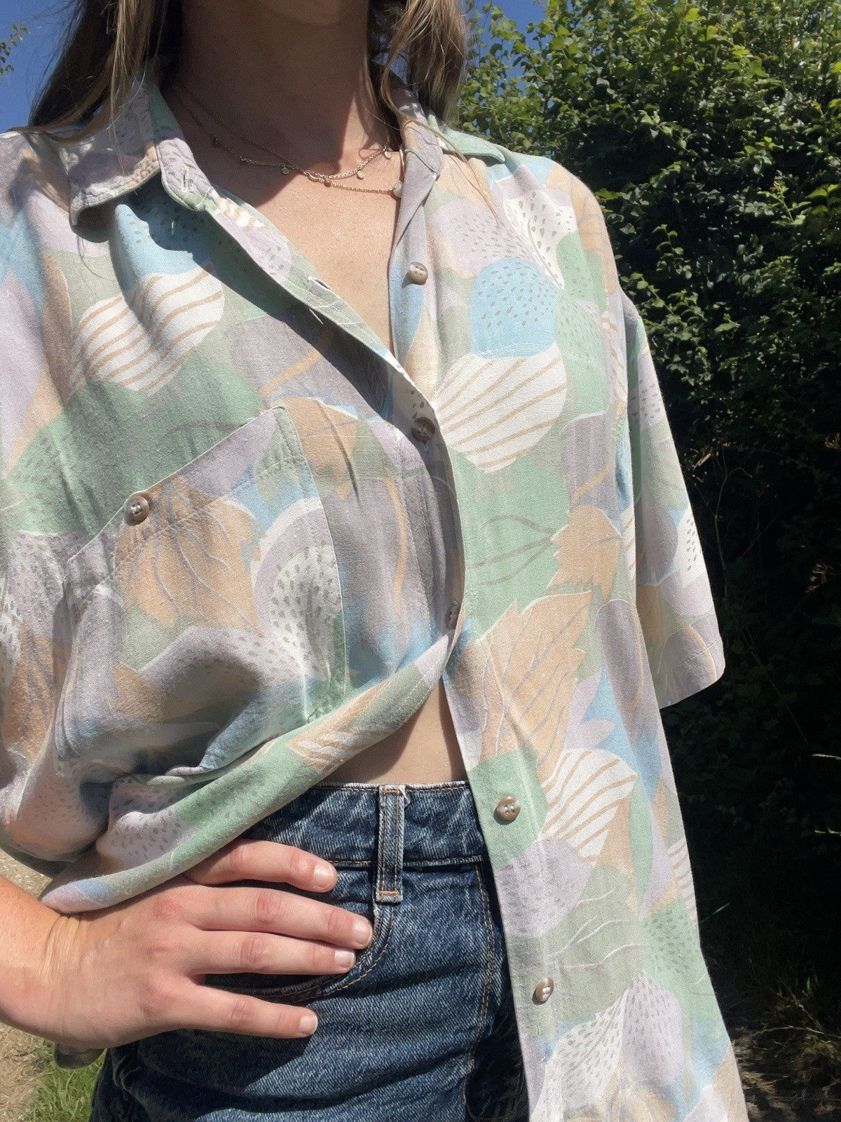 Vintage Size 3XL 16-20 Pastel Leaf Patterned Short Sleeve Shirt C&A