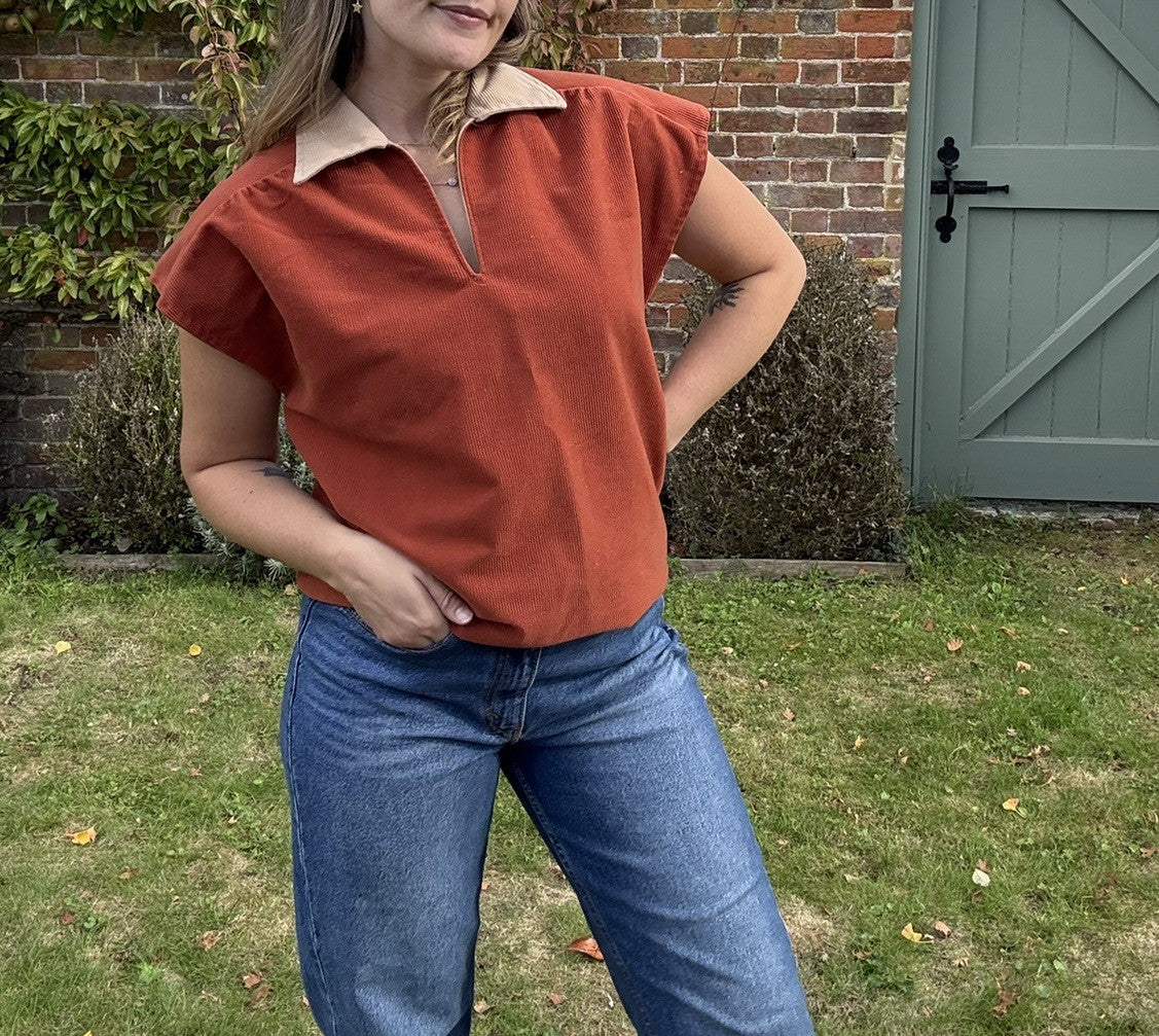 Vintage Size M 10-14 70s Brown Boxy Fit Cord Collared Shirt
