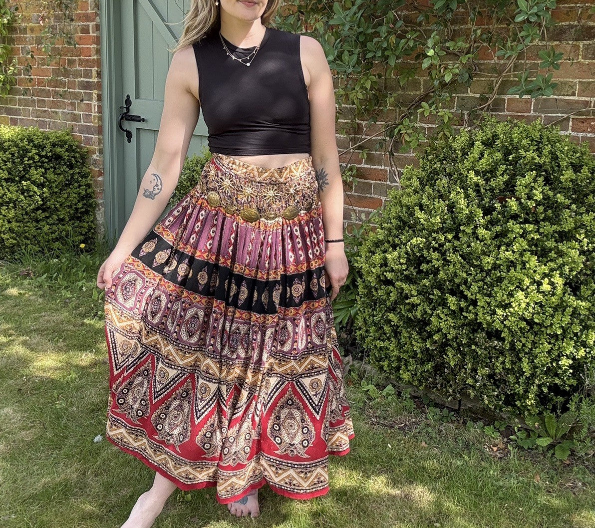 Vintage 1970s Free Size 8-18 Boho Patterned Floaty Midi Skirt