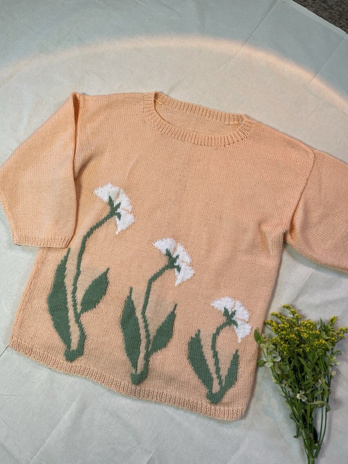 Size 2XL 14-20 Peach Spring Flower Hand Knitted Jumper